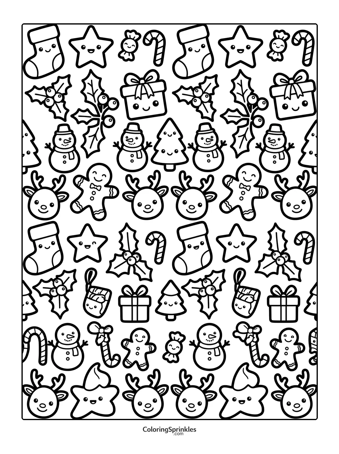 Coloring page of Christmas stockings, holly, snowmen, gifts and festive treats