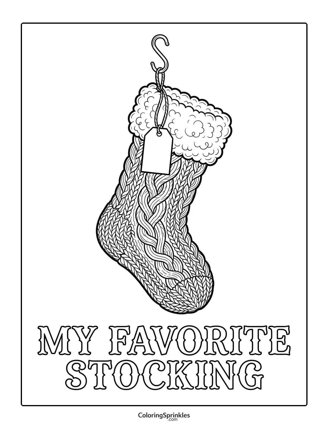 Coloring page of a knitted Christmas stocking hanging with a tag
