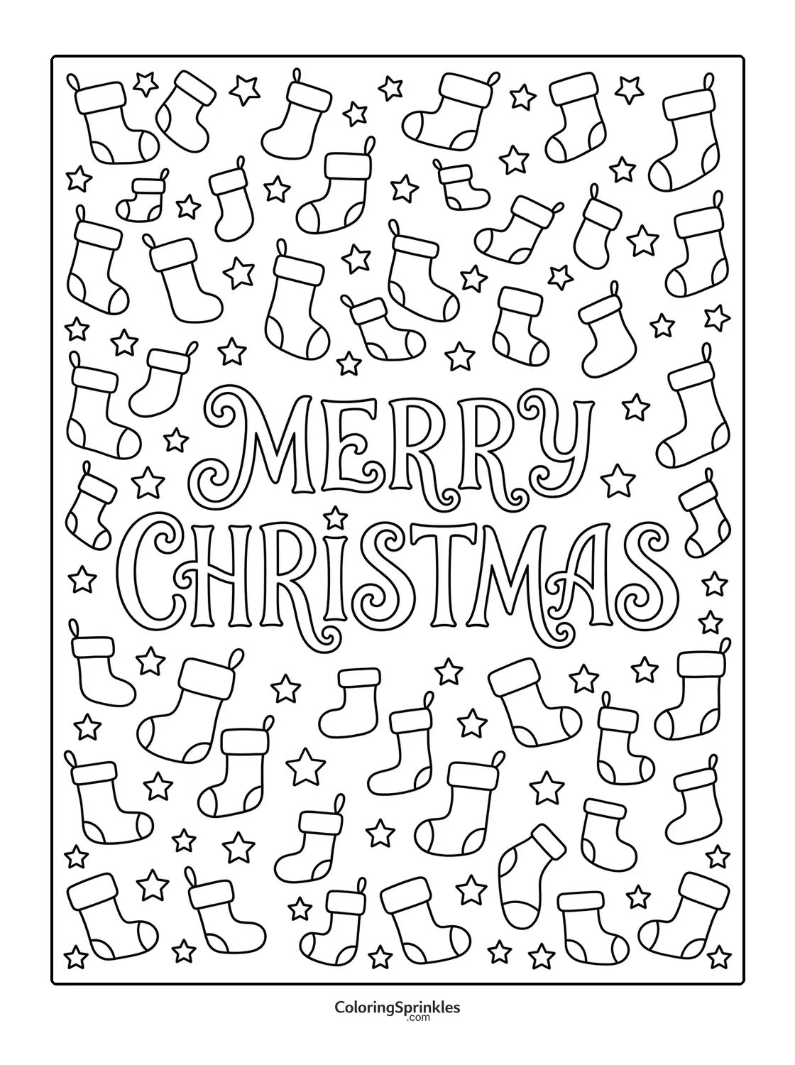 Coloring page of Christmas stockings and stars with Merry Christmas text