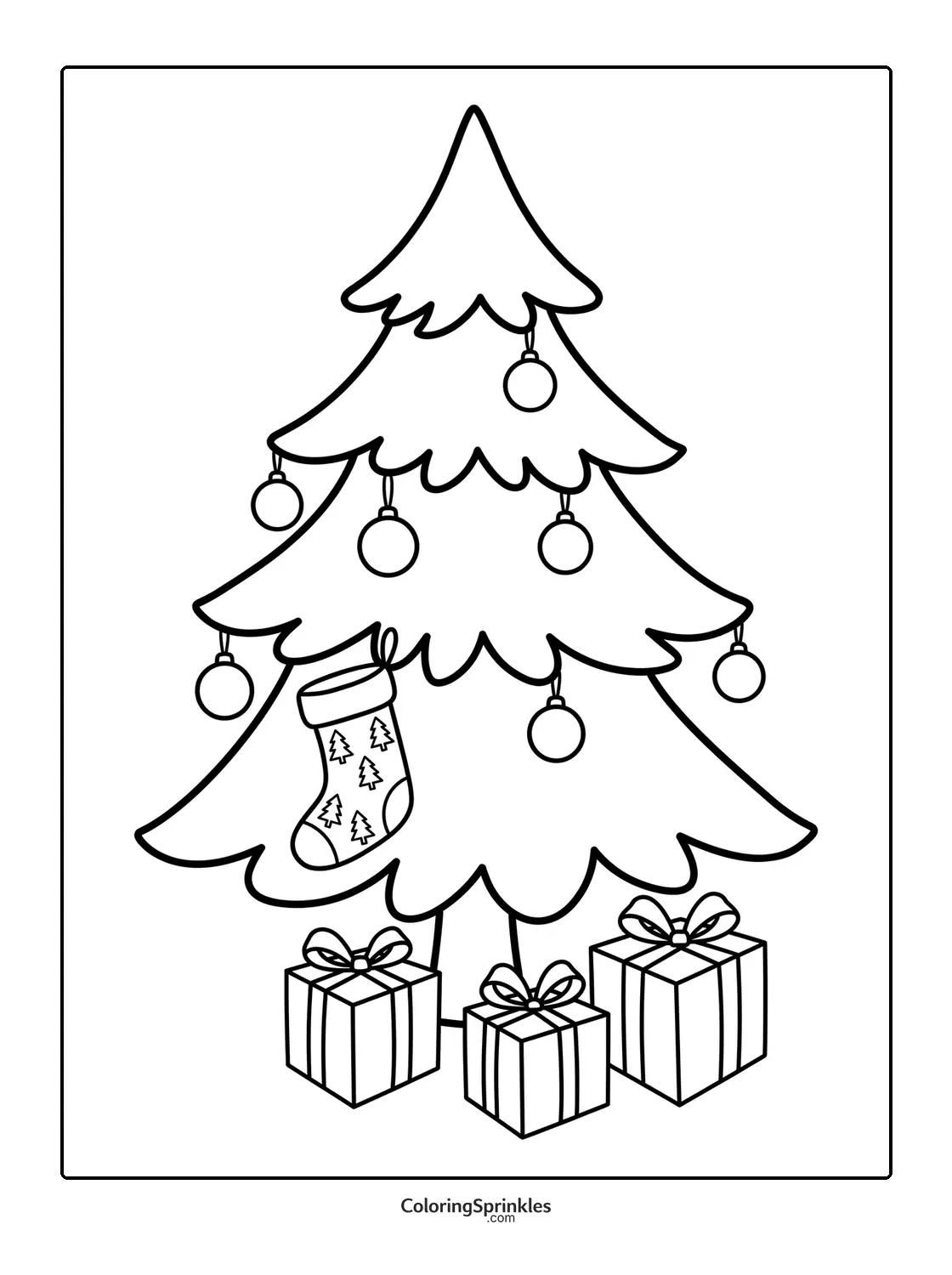 Coloring page of a Christmas tree with ornaments, a stocking, and presents
