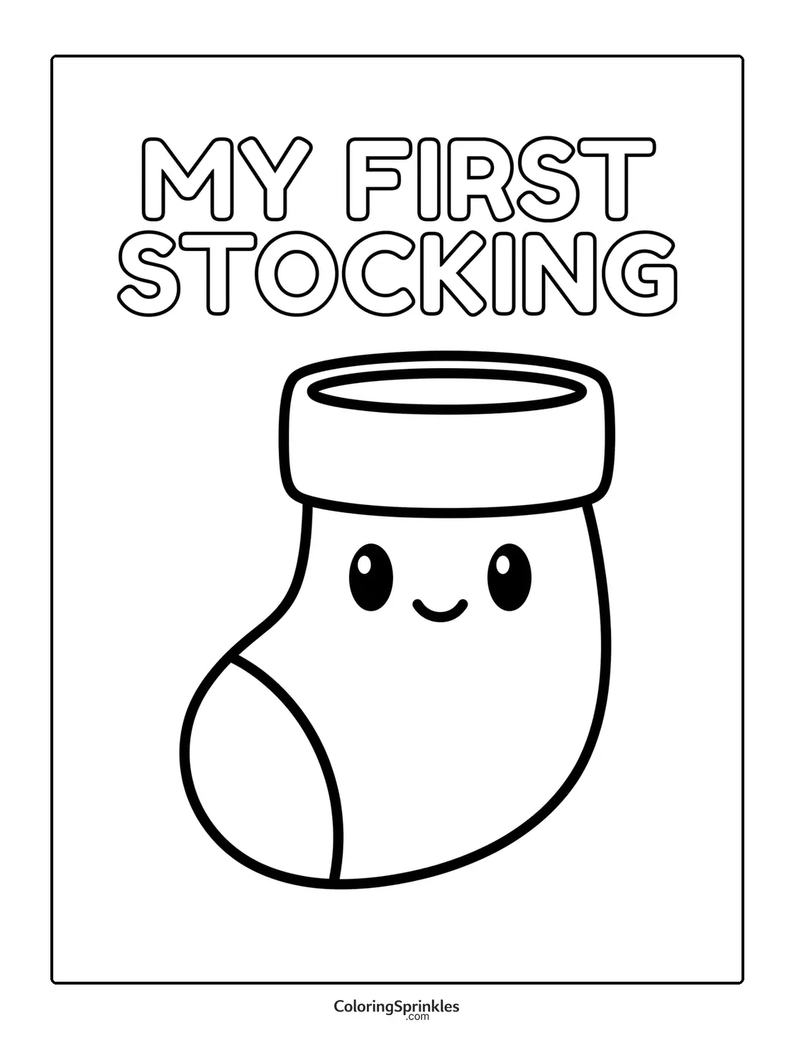 Coloring page of a first Christmas stocking with a smiling face