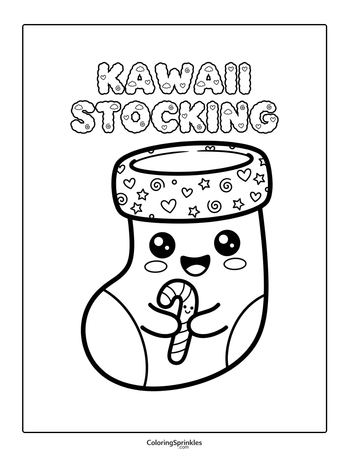 Coloring page of a kawaii Christmas stocking holding a candy cane