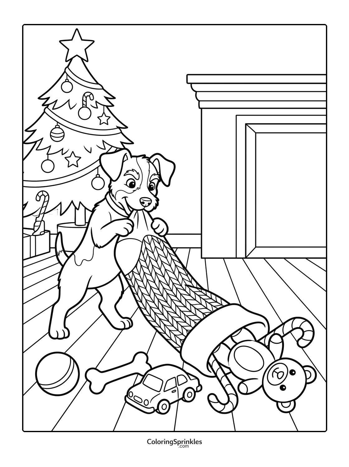 Coloring page of a puppy pulling toys from a Christmas stocking by a decorated tree