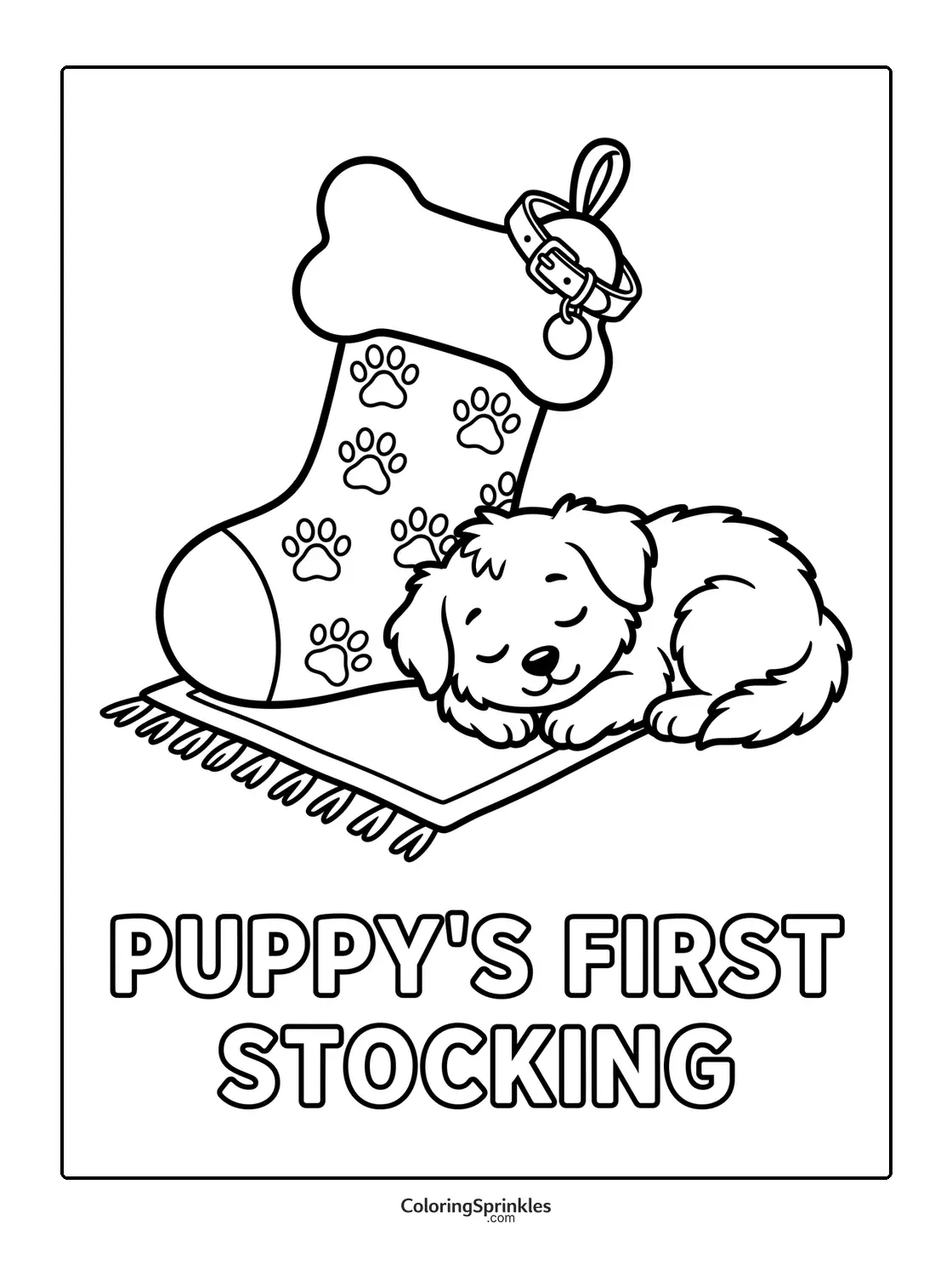 Coloring page of a puppy sleeping next to a Christmas stocking with paw prints