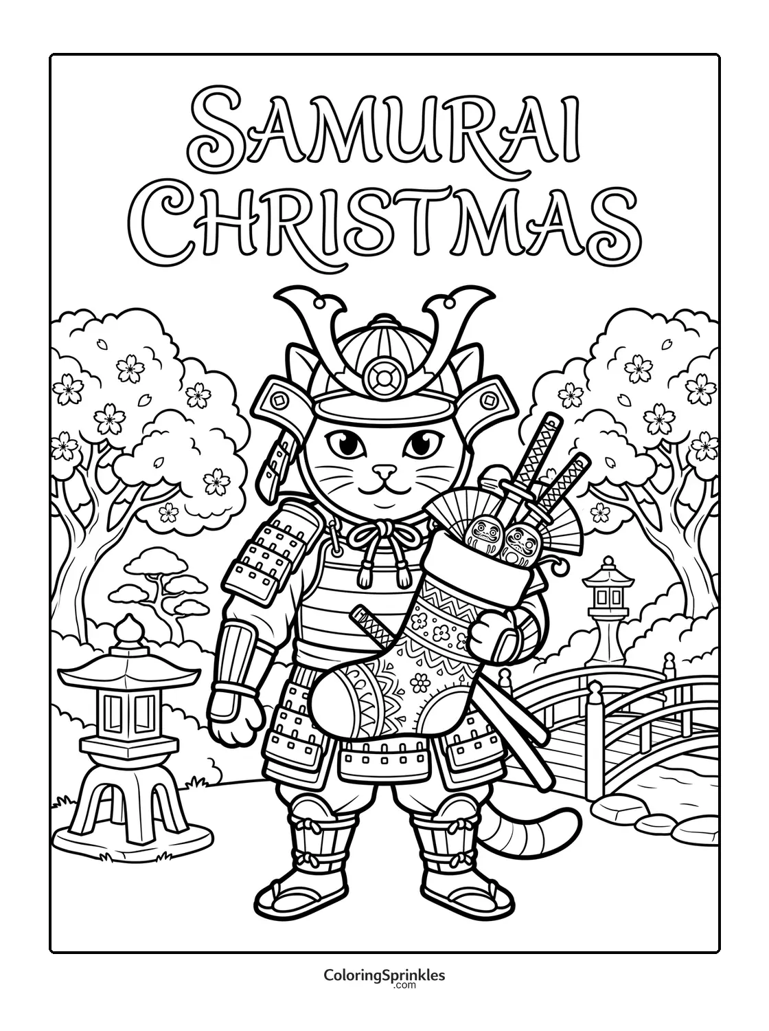 Coloring page of a samurai cat holding a Christmas stocking in a Japanese garden
