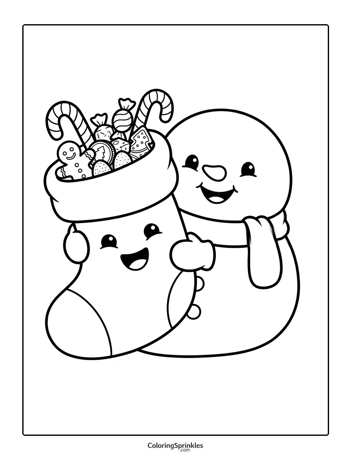Coloring page of a snowman holding a Christmas stocking filled with candy