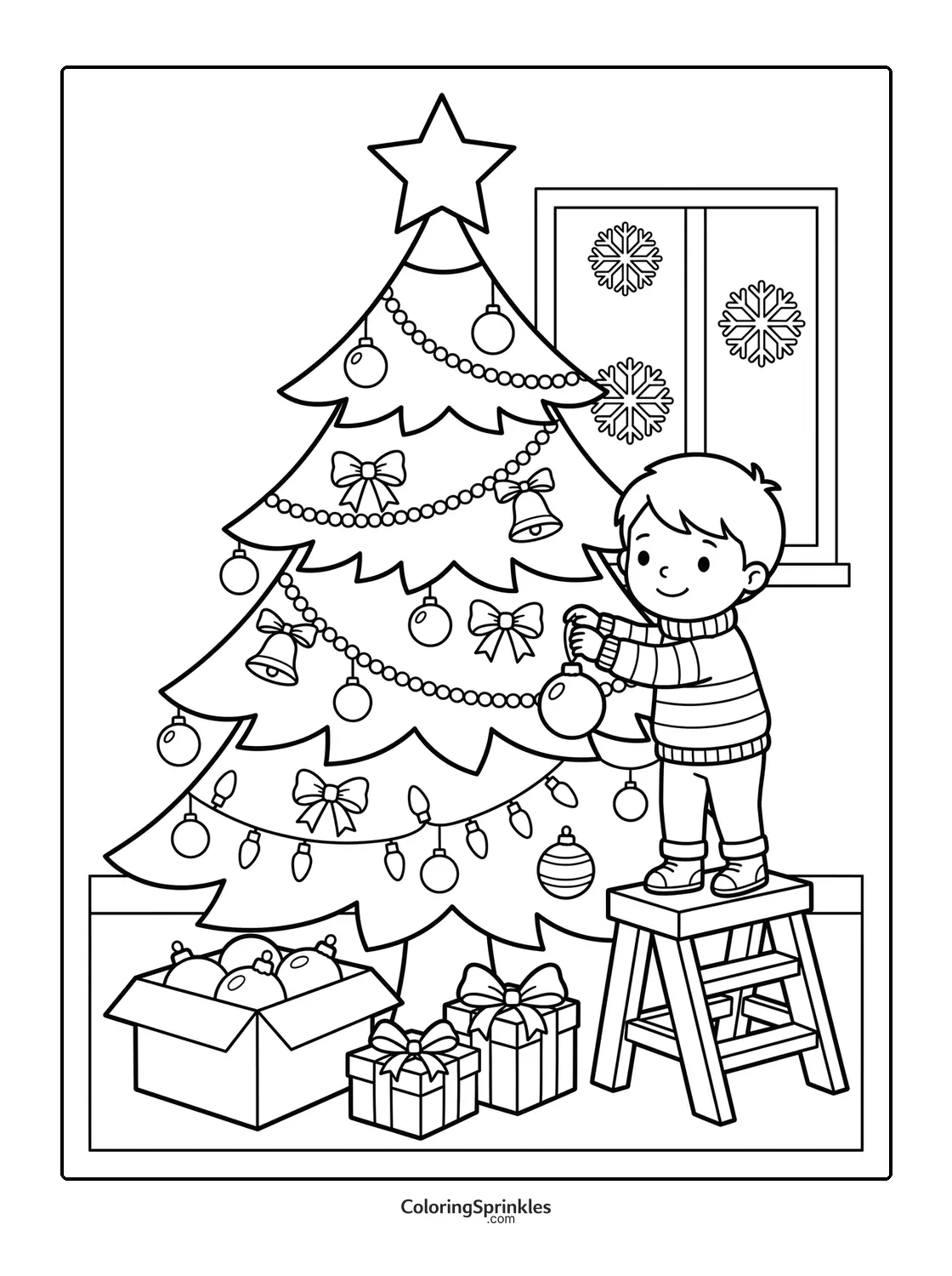 Coloring page of a boy decorating a Christmas tree indoors