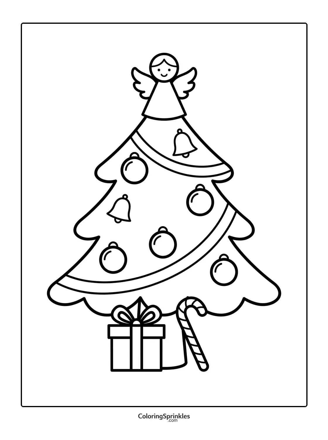 Coloring page of a Christmas tree with an angel topper, gift box and candy cane