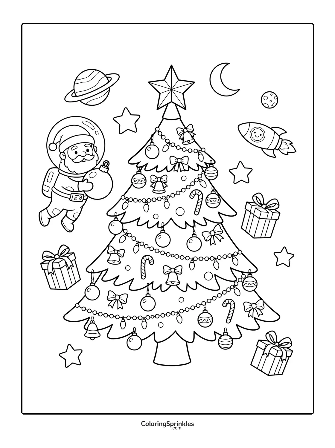 Coloring page of a Christmas tree decorated with ornaments and an astronaut Santa in space