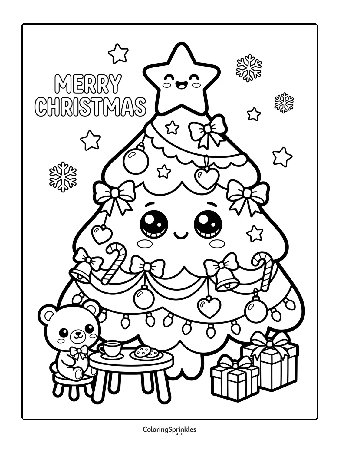 Coloring page of a cute Christmas tree with a bear, cookies, and presents