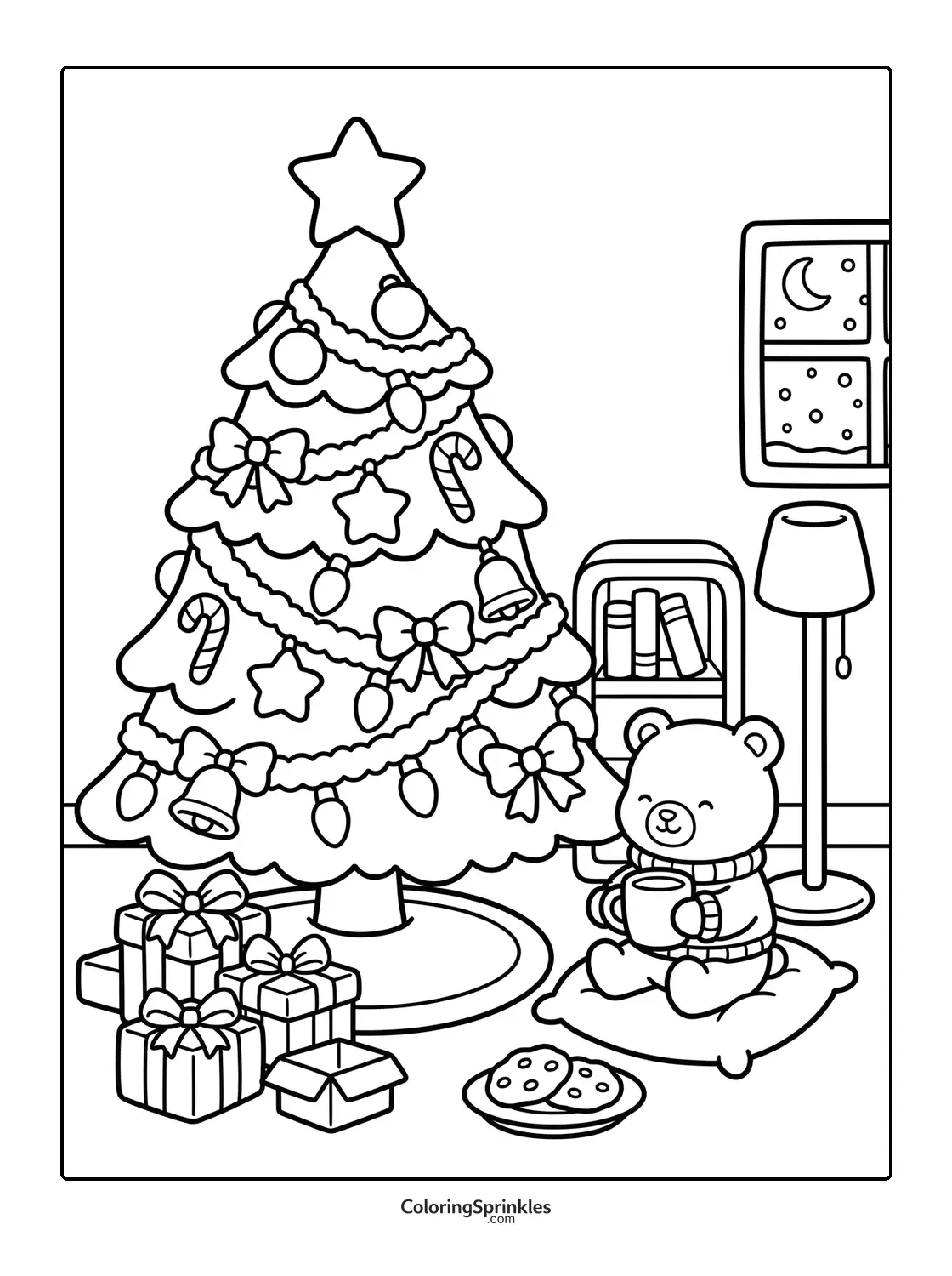 Coloring page of a Christmas tree with presents and a bear holding a cup near cookies