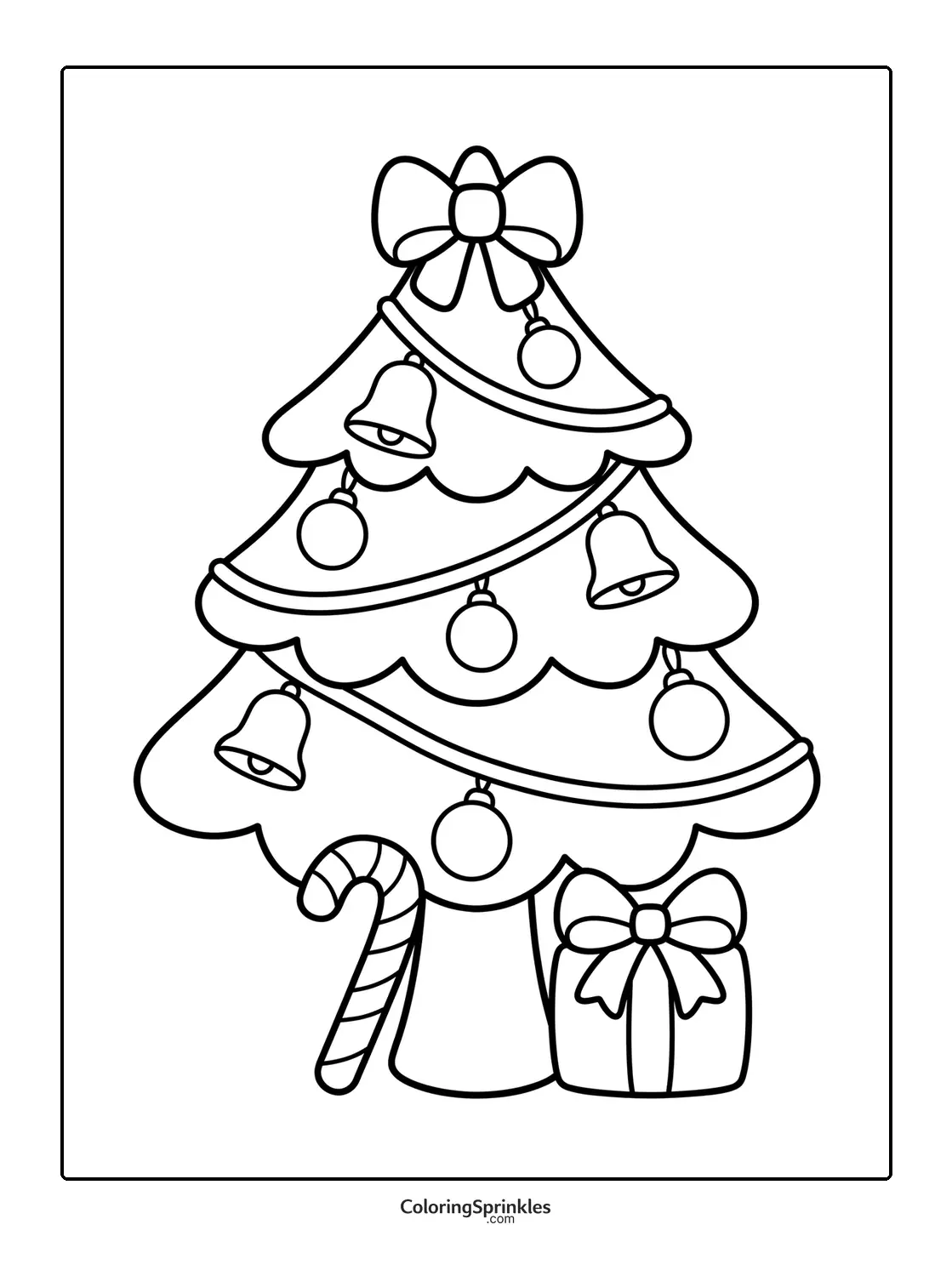 Coloring page of a Christmas tree decorated with bells, ornaments, a candy cane and a gift