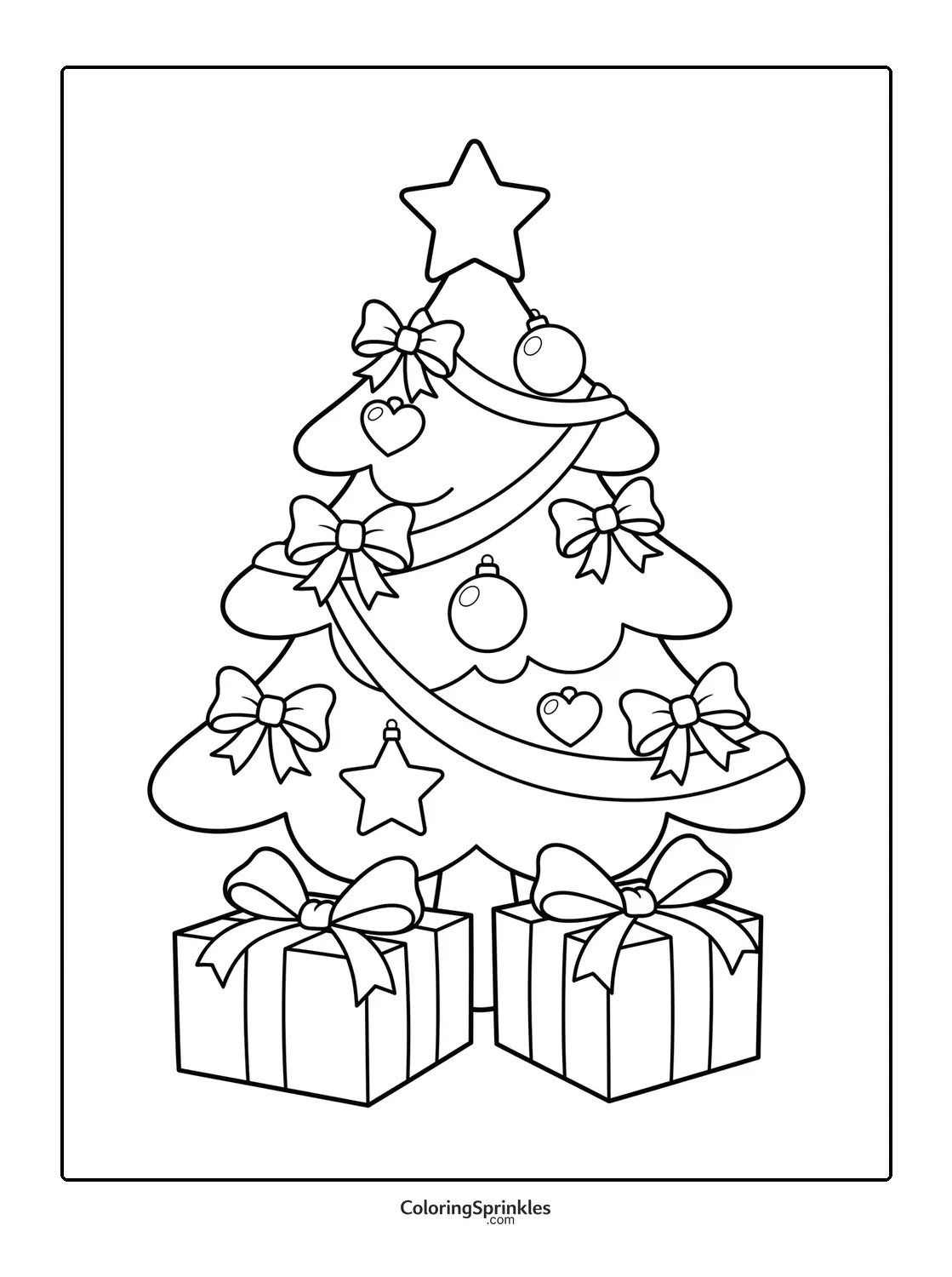 Coloring page of a Christmas tree decorated with bows, ornaments, and gifts