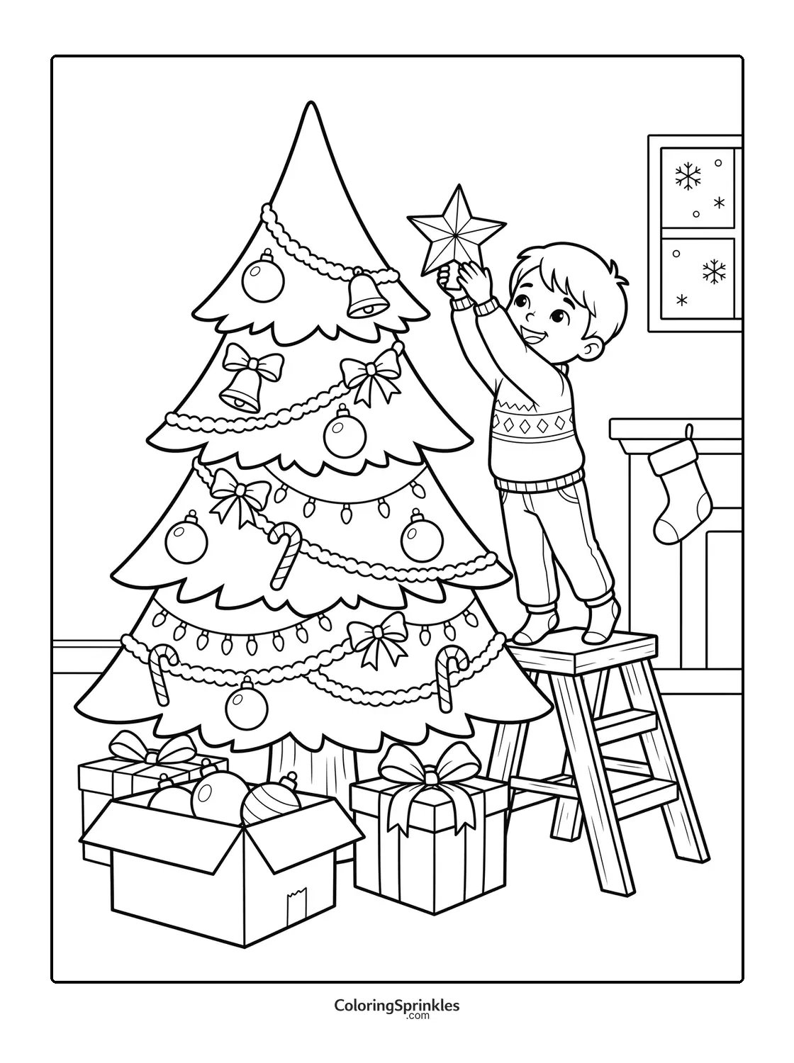 Coloring page of a boy decorating a Christmas tree with presents underneath