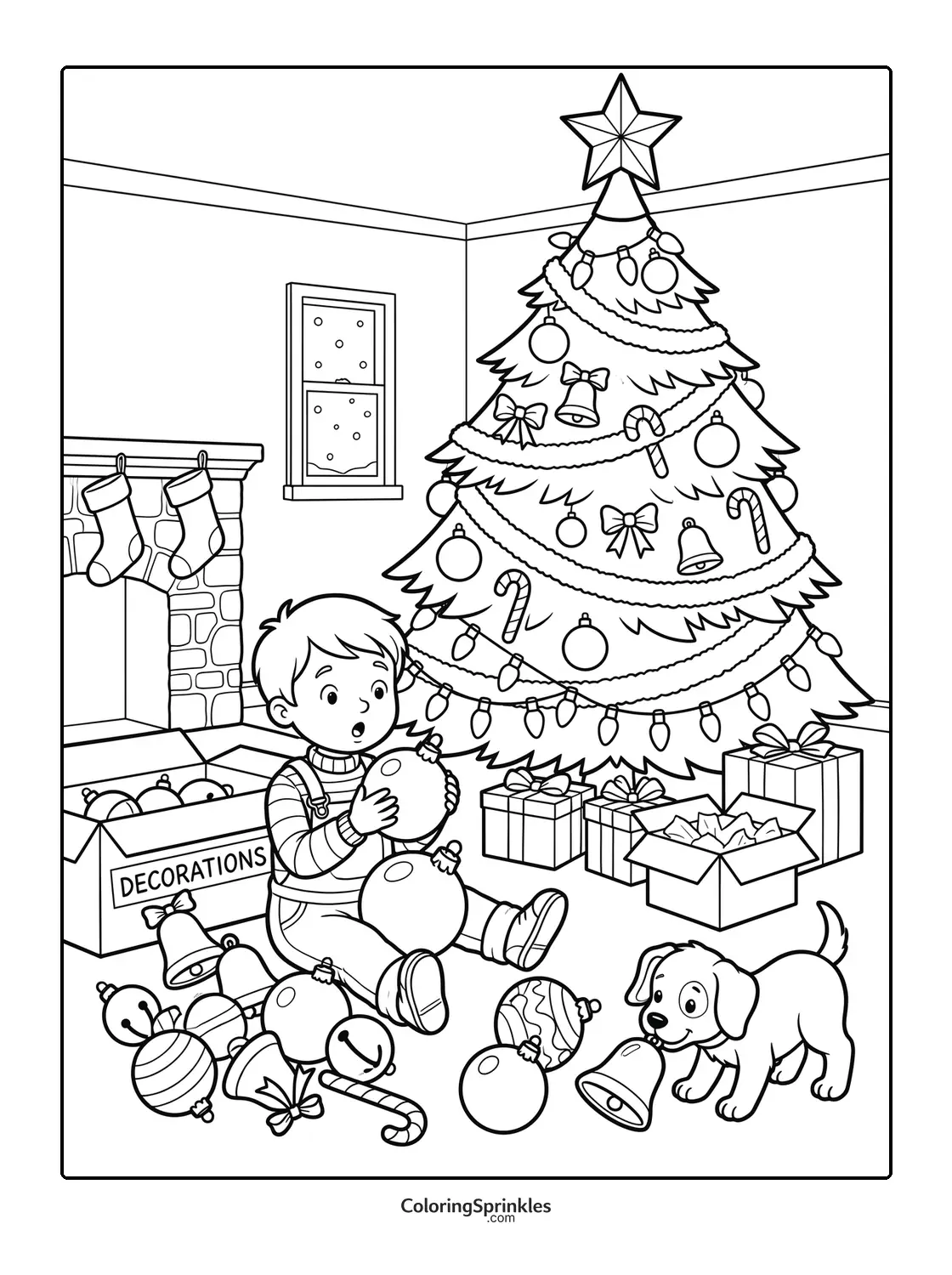 Coloring page of a boy and a dog decorating a Christmas tree