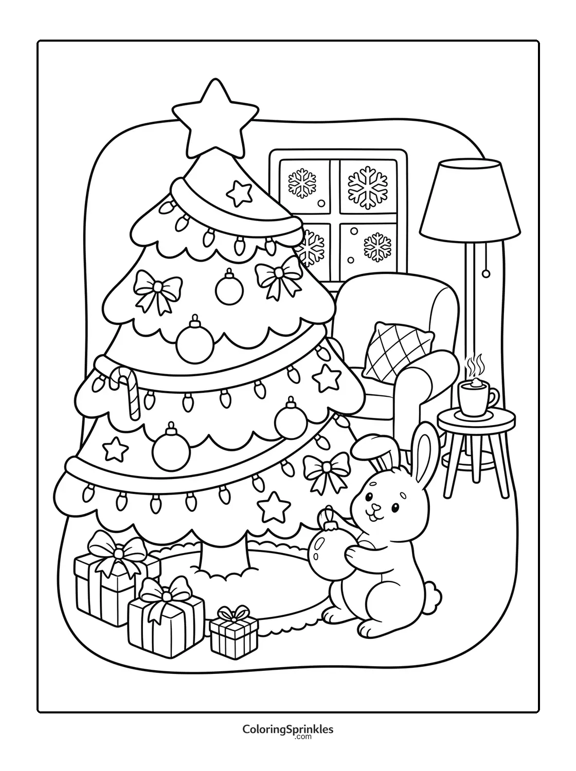 Coloring page of a bunny decorating a Christmas tree with gifts and a cozy chair