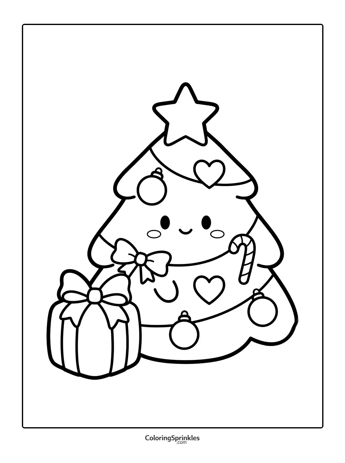Coloring page of a smiling Christmas tree with candy cane and gift
