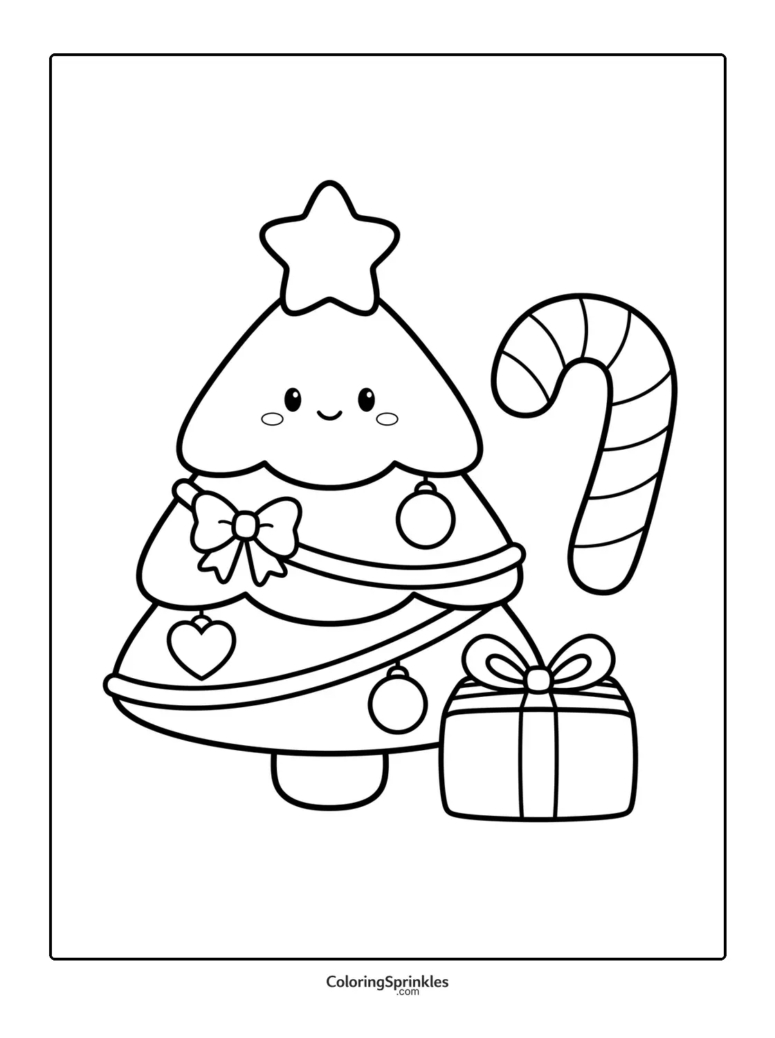 Coloring page of a cute Christmas tree with a candy cane and a gift