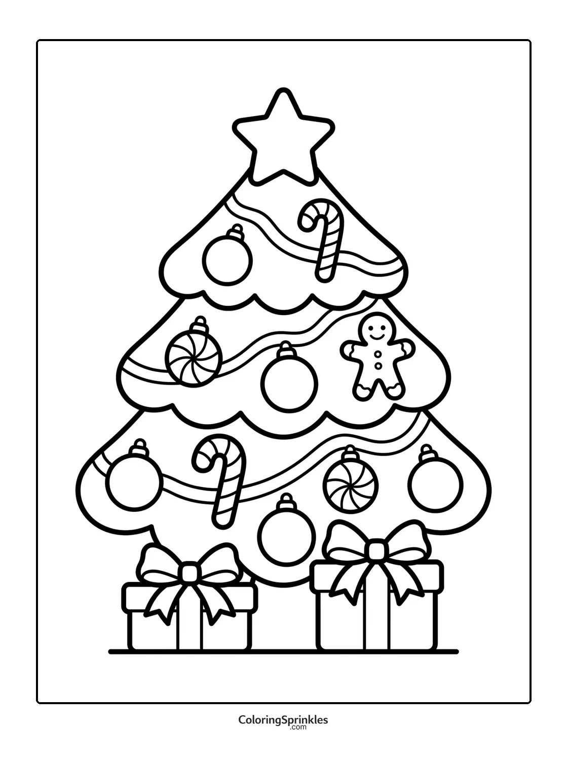 Coloring page of a Christmas tree decorated with candy canes, gingerbread, and presents