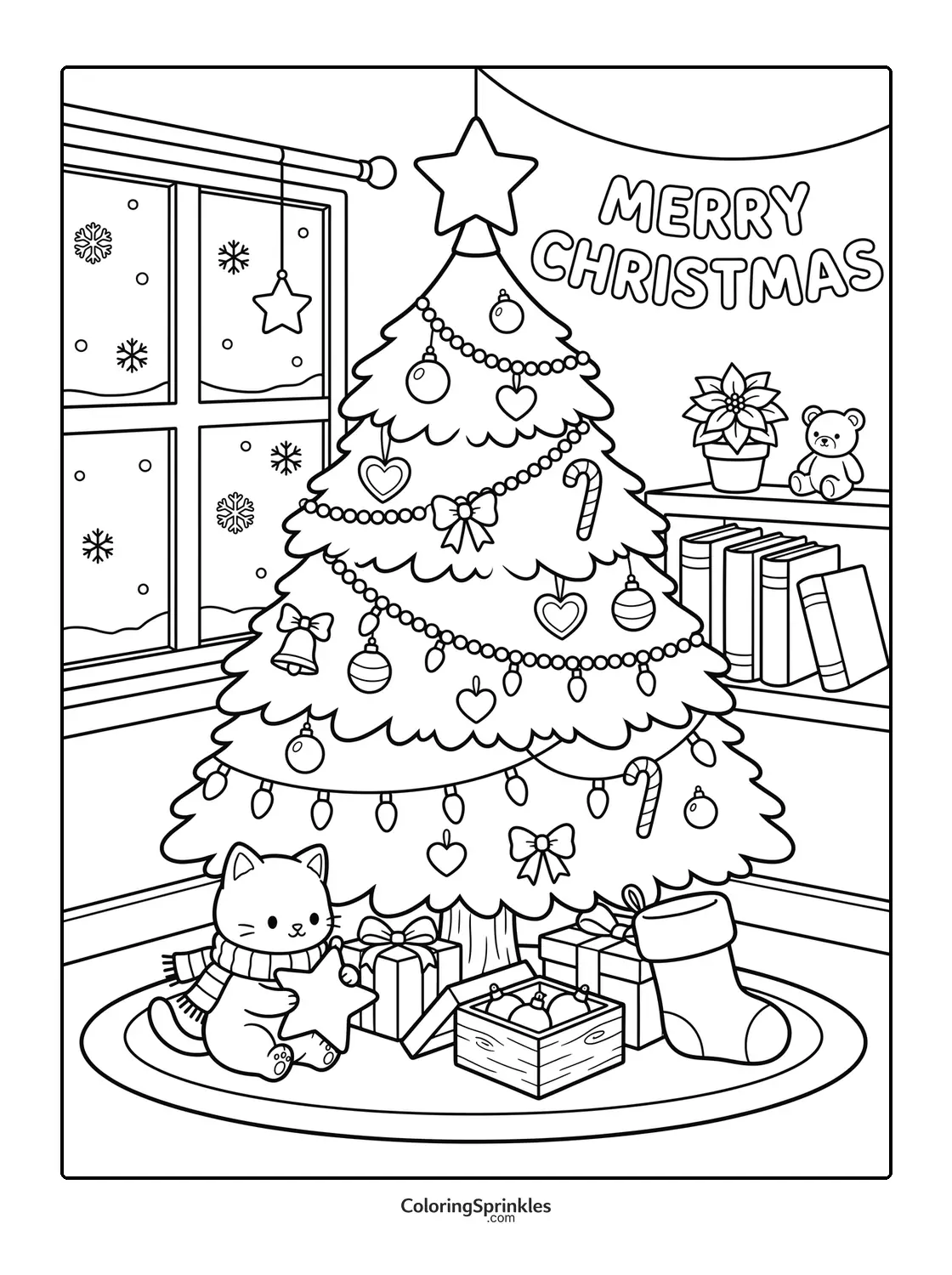 Coloring page of a Christmas tree with a cat holding a star and presents by a window