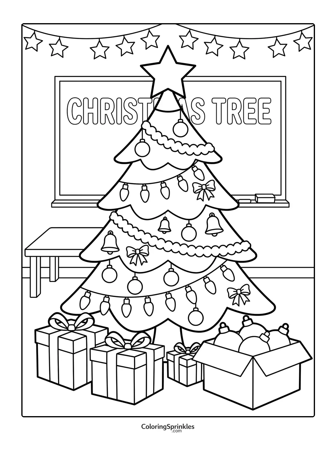 Coloring page of a decorated Christmas tree in a classroom with presents and ornaments