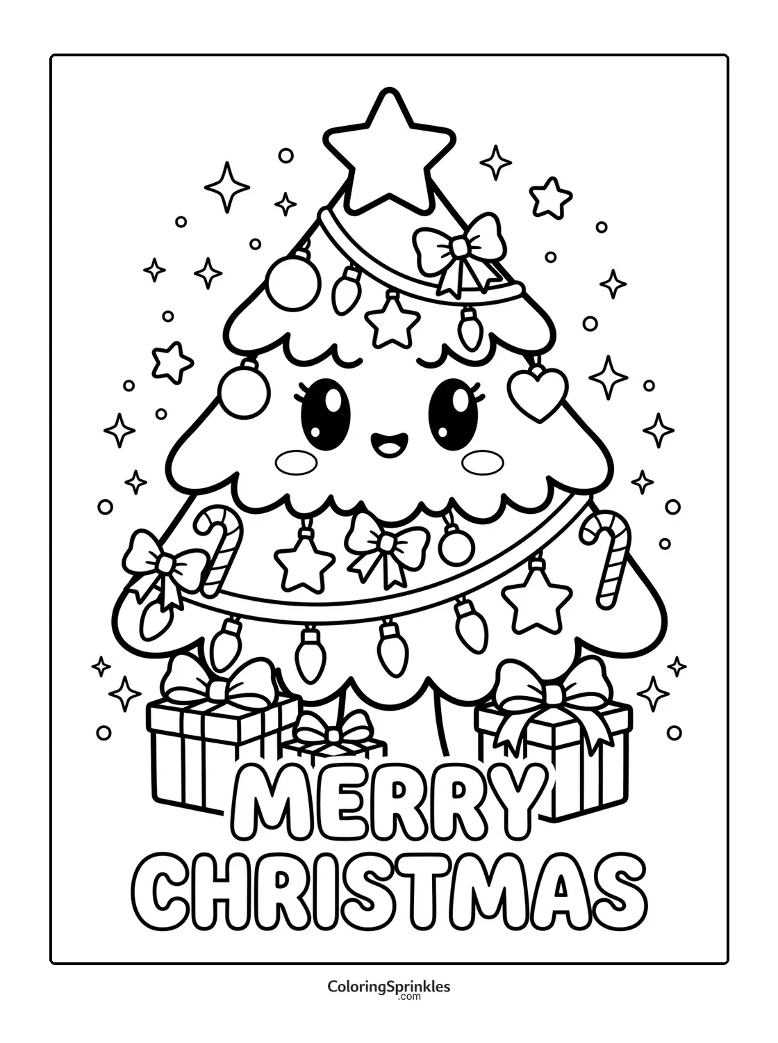 Coloring page of a cute Christmas tree with faces and presents