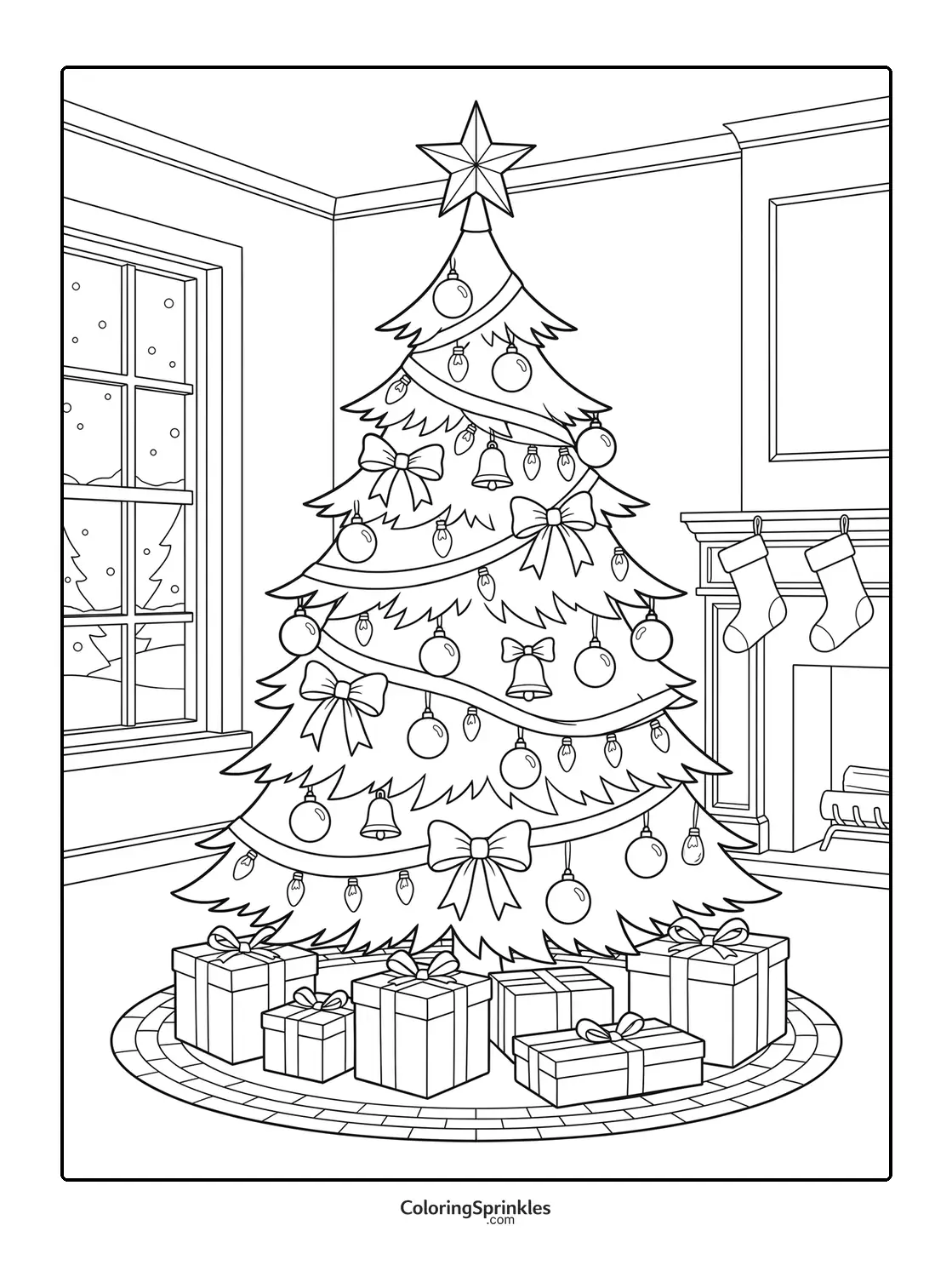 Coloring page of a decorated Christmas tree with gifts by a fireplace and window