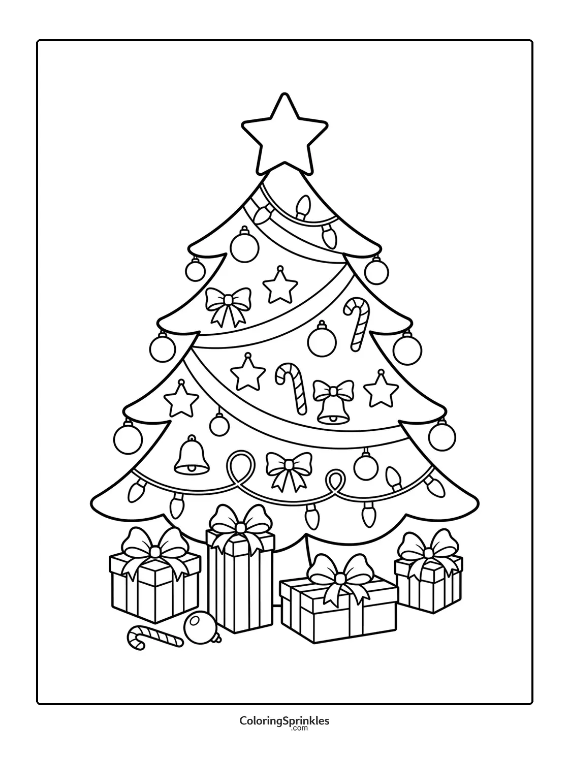 Coloring page of a decorated Christmas tree with gifts and a star on top