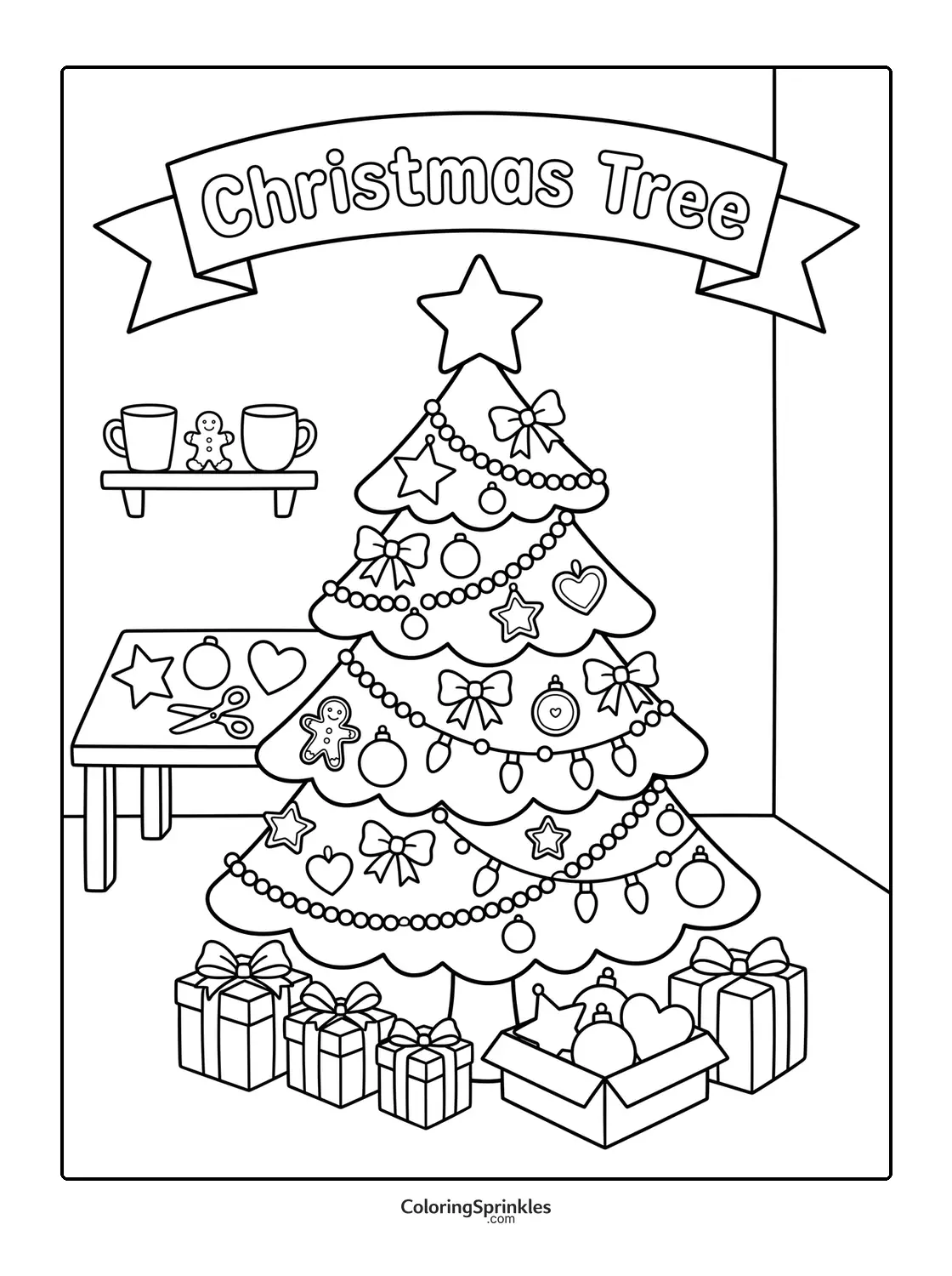 Coloring page of a Christmas tree decorated with ornaments and gifts underneath