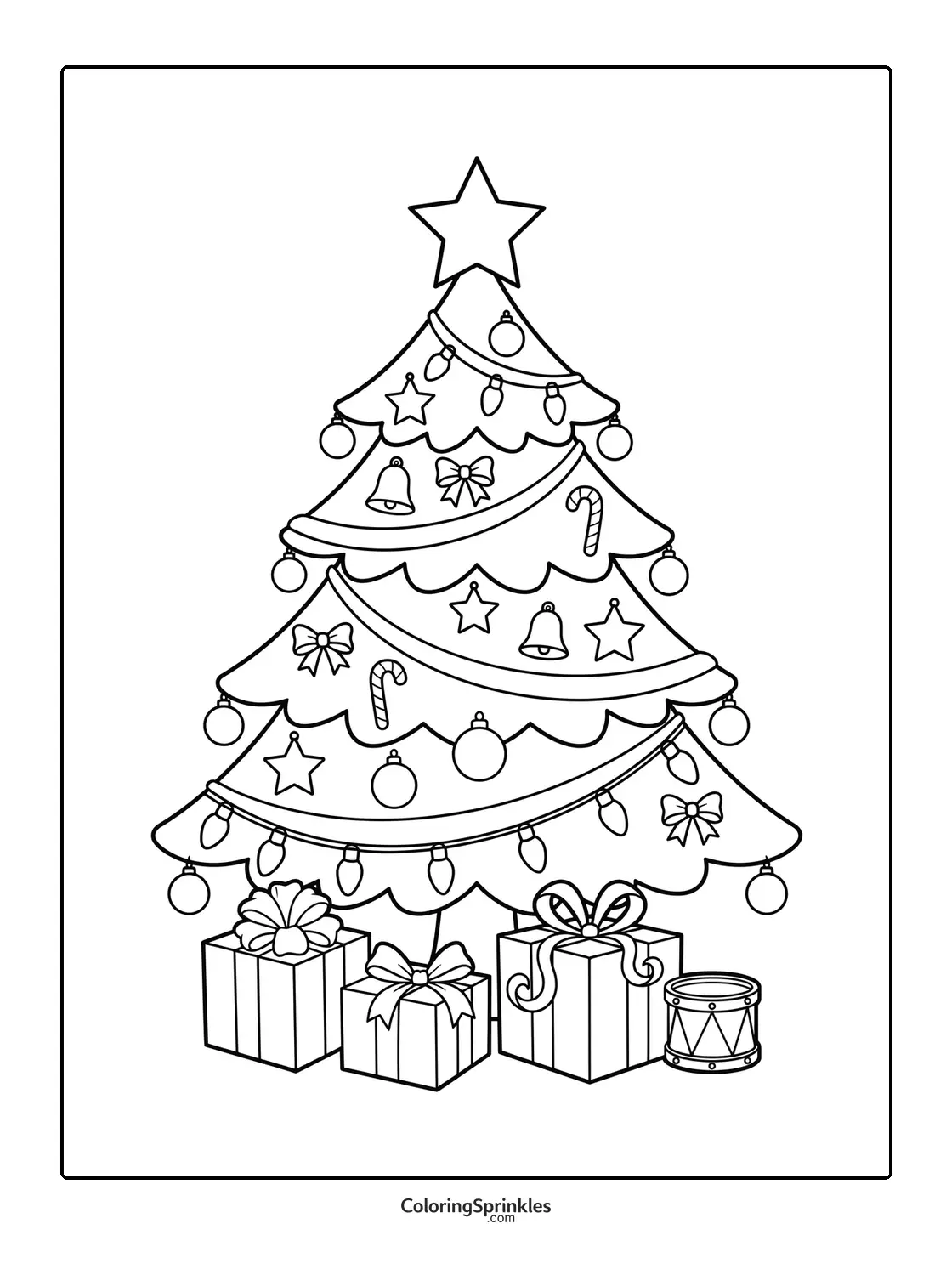 Coloring page of a decorated Christmas tree with presents and a drum