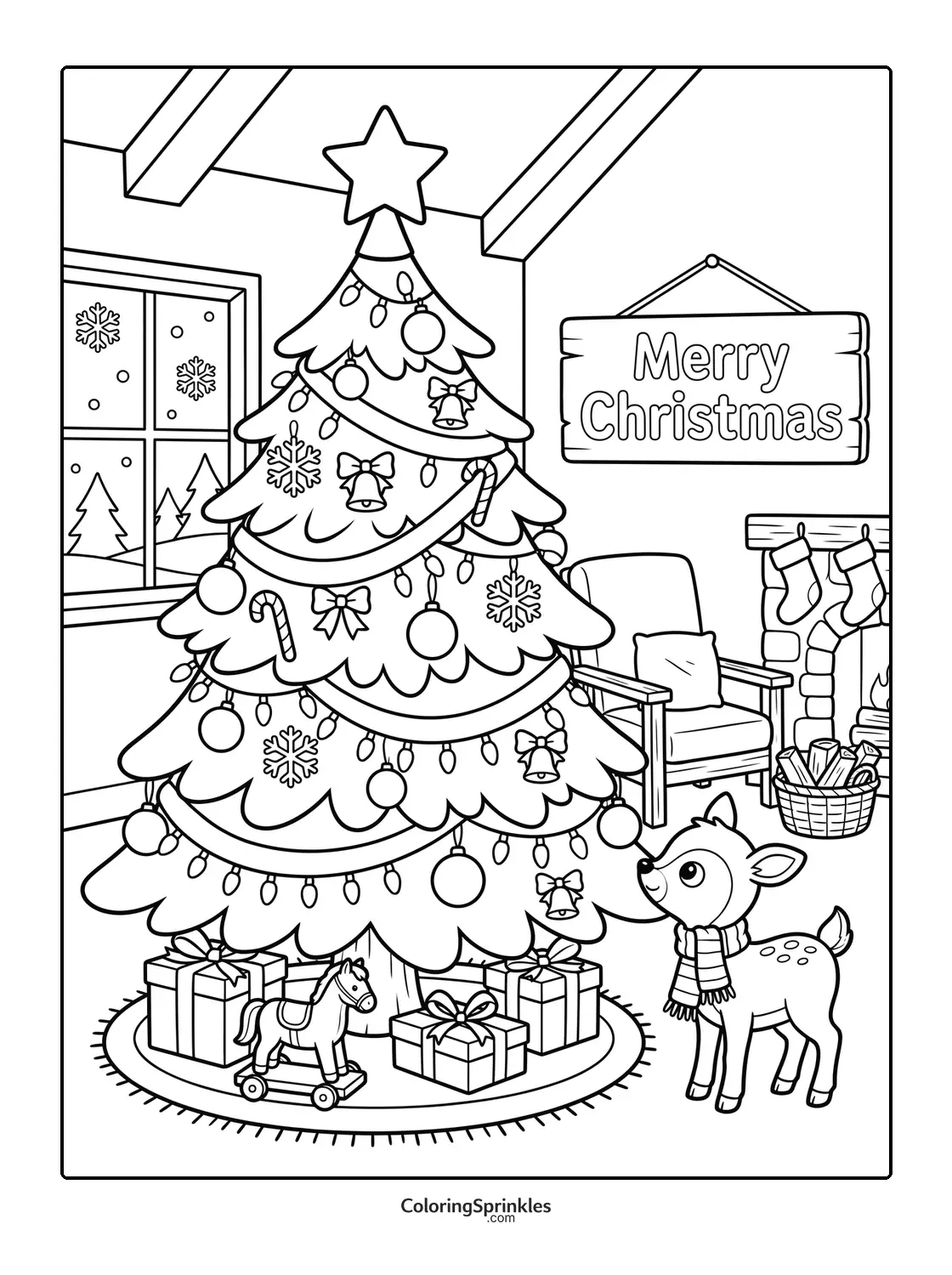 Coloring page of a decorated Christmas tree with presents, a deer, and a cozy fireplace