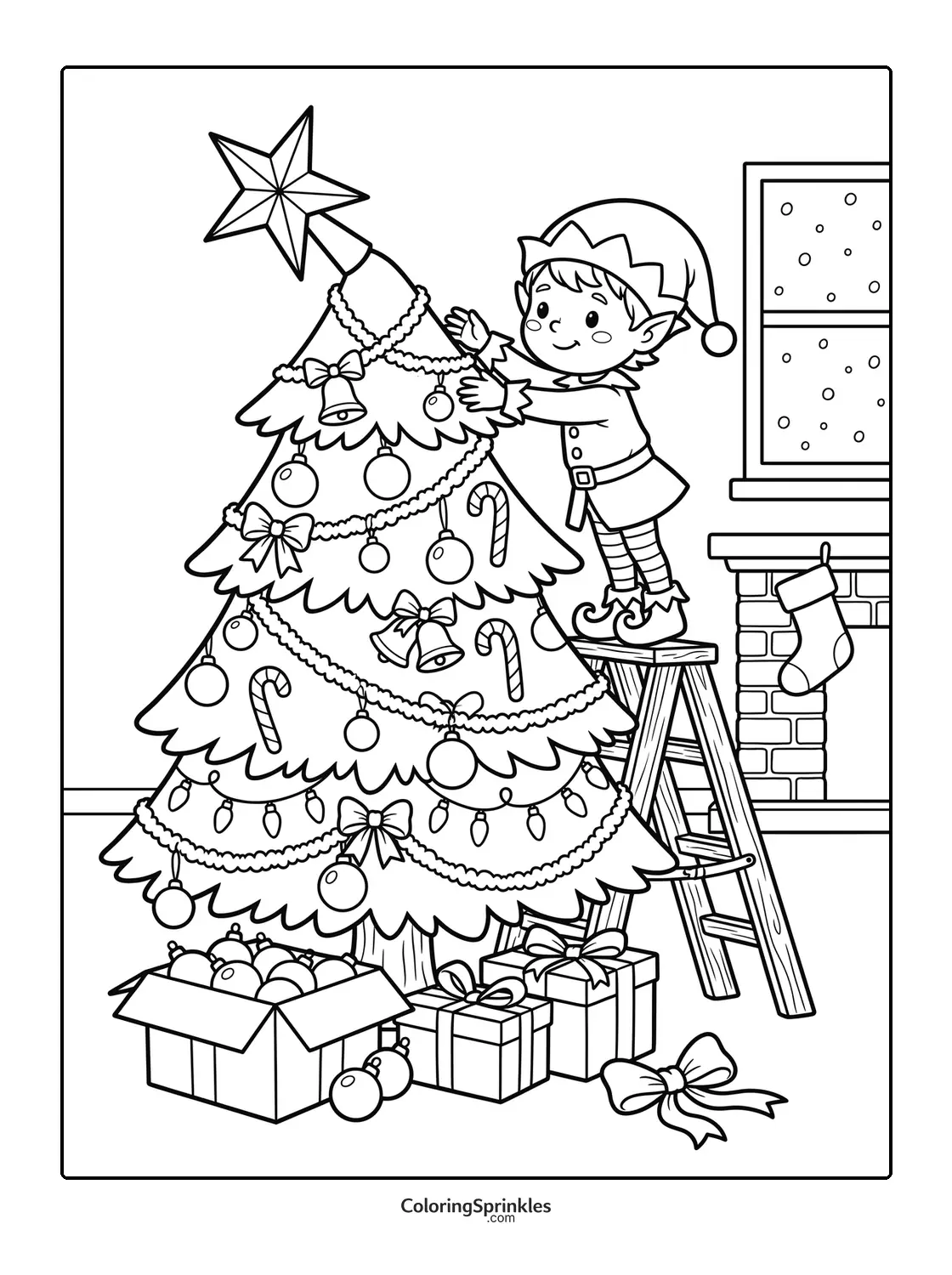 Coloring page of an elf decorating a Christmas tree with presents underneath