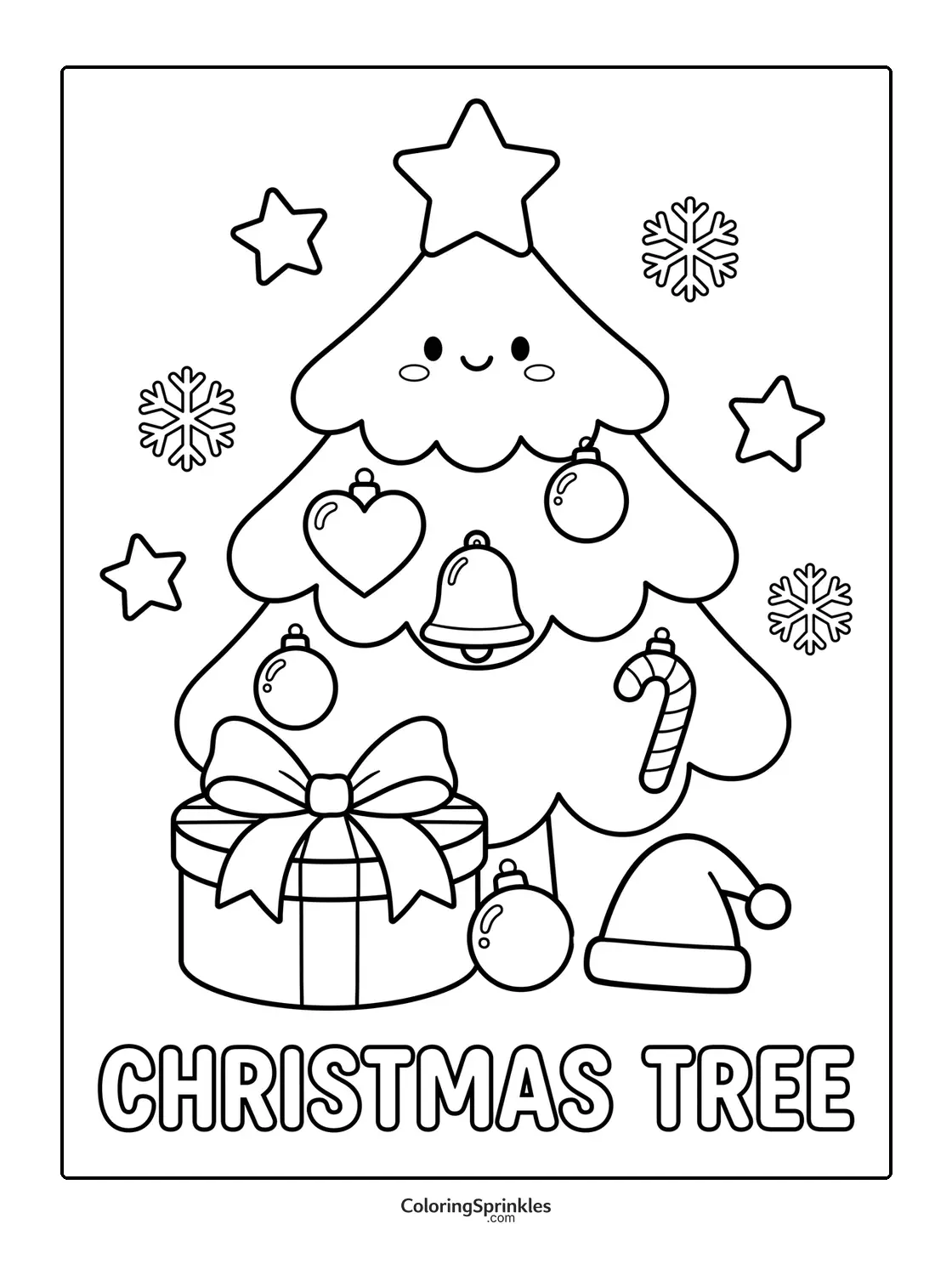 Coloring page of a Christmas tree with a gift, Santa hat, and snowflakes