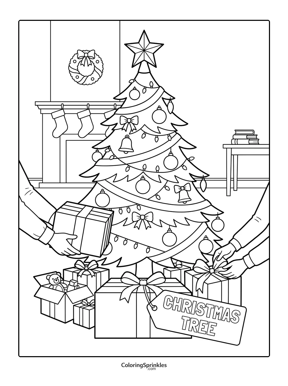 Coloring page of a decorated Christmas tree with gifts being placed underneath indoors