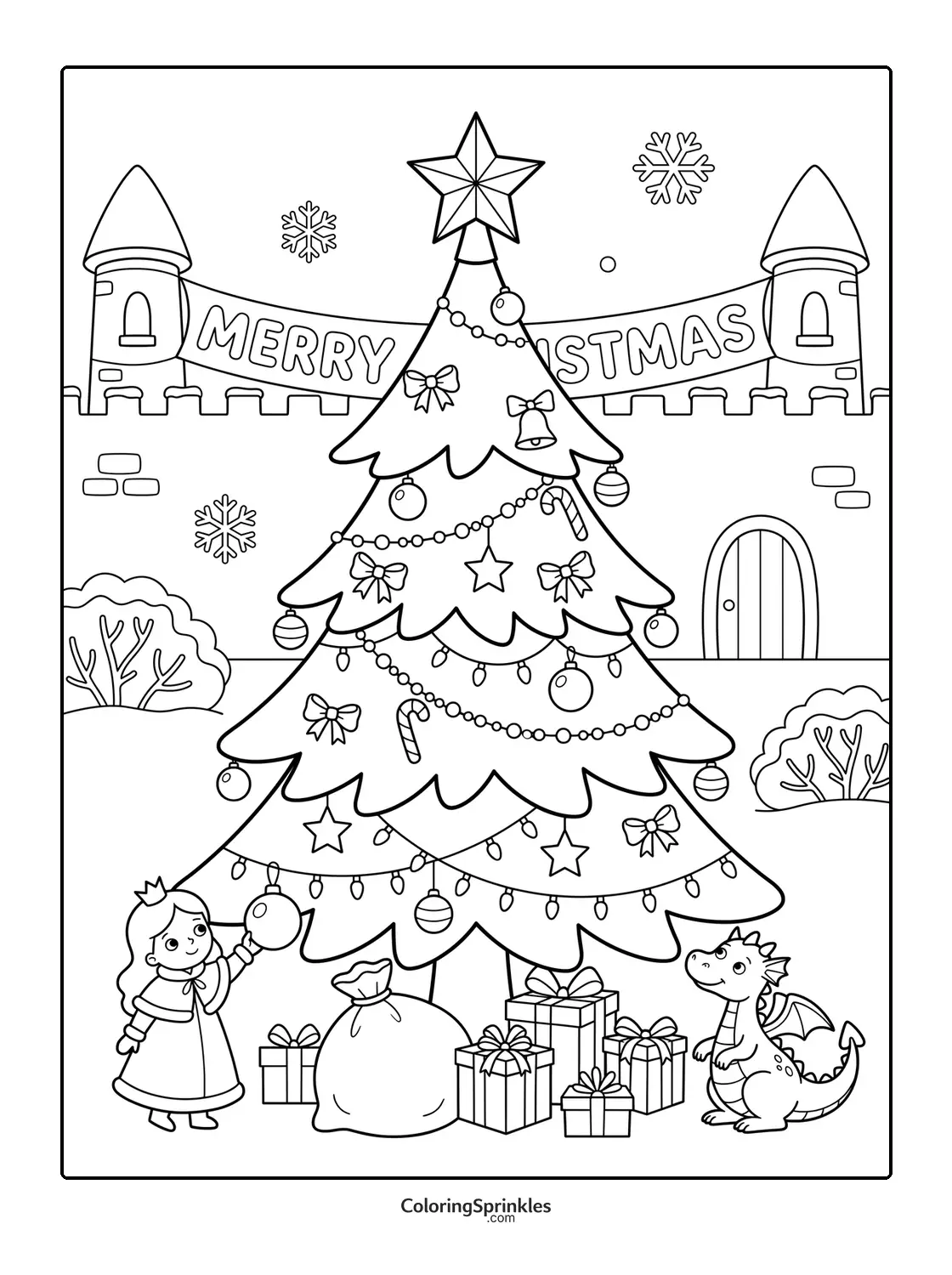 Coloring page of a Christmas tree with gifts, a princess and a dragon in front of a castle