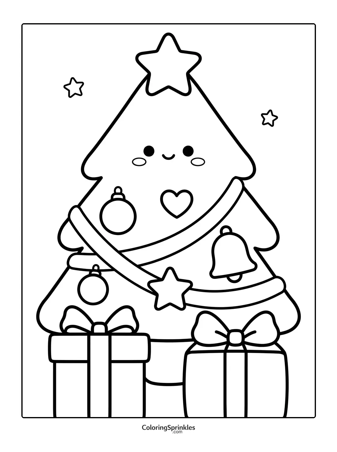 Coloring page of a smiling Christmas tree with gifts and decorations