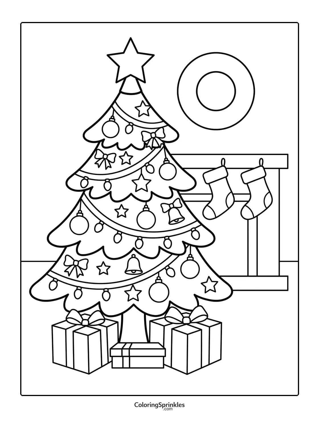 Coloring page of a decorated Christmas tree with gifts and stockings by a fireplace