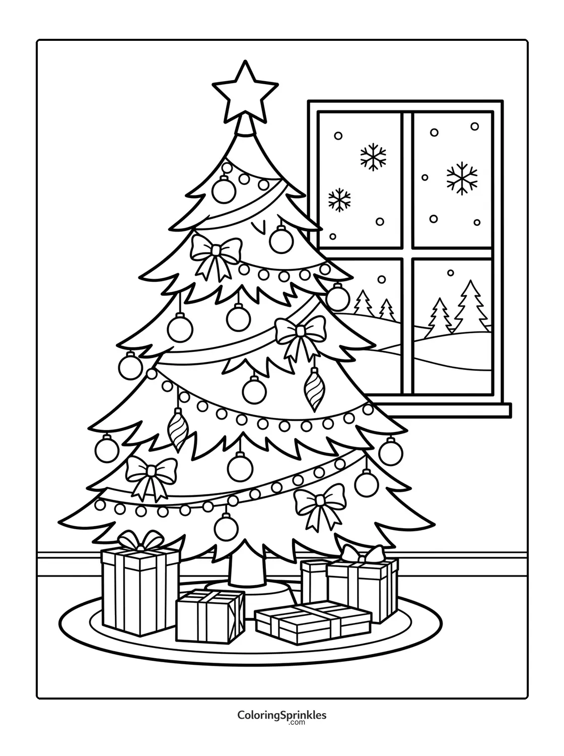 Coloring page of a decorated Christmas tree with gifts under a window showing snowflakes