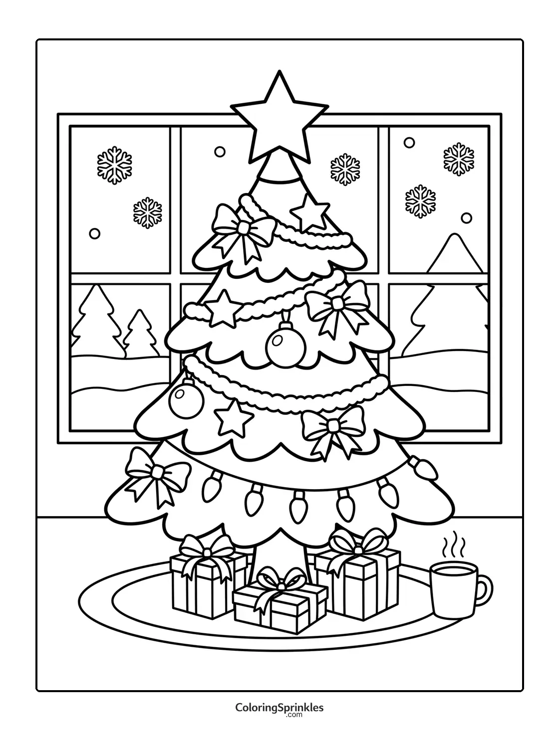 Coloring page of a decorated Christmas tree with gifts and a snowy window