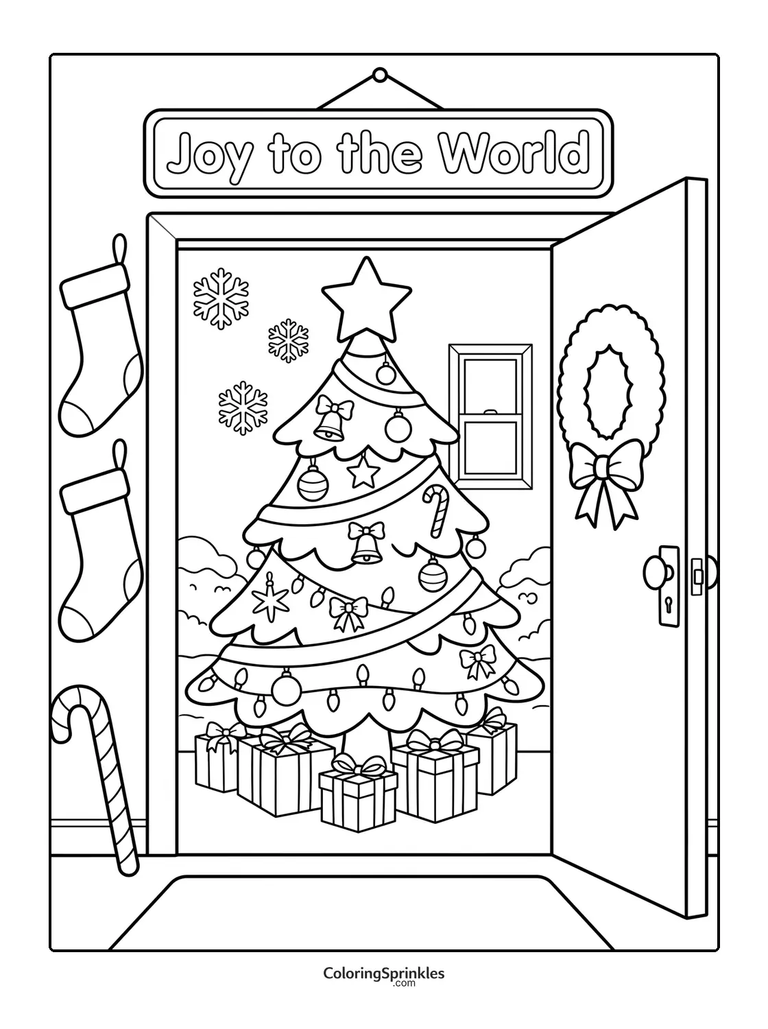 Coloring page of a decorated Christmas tree with gifts and a wreath on an open door