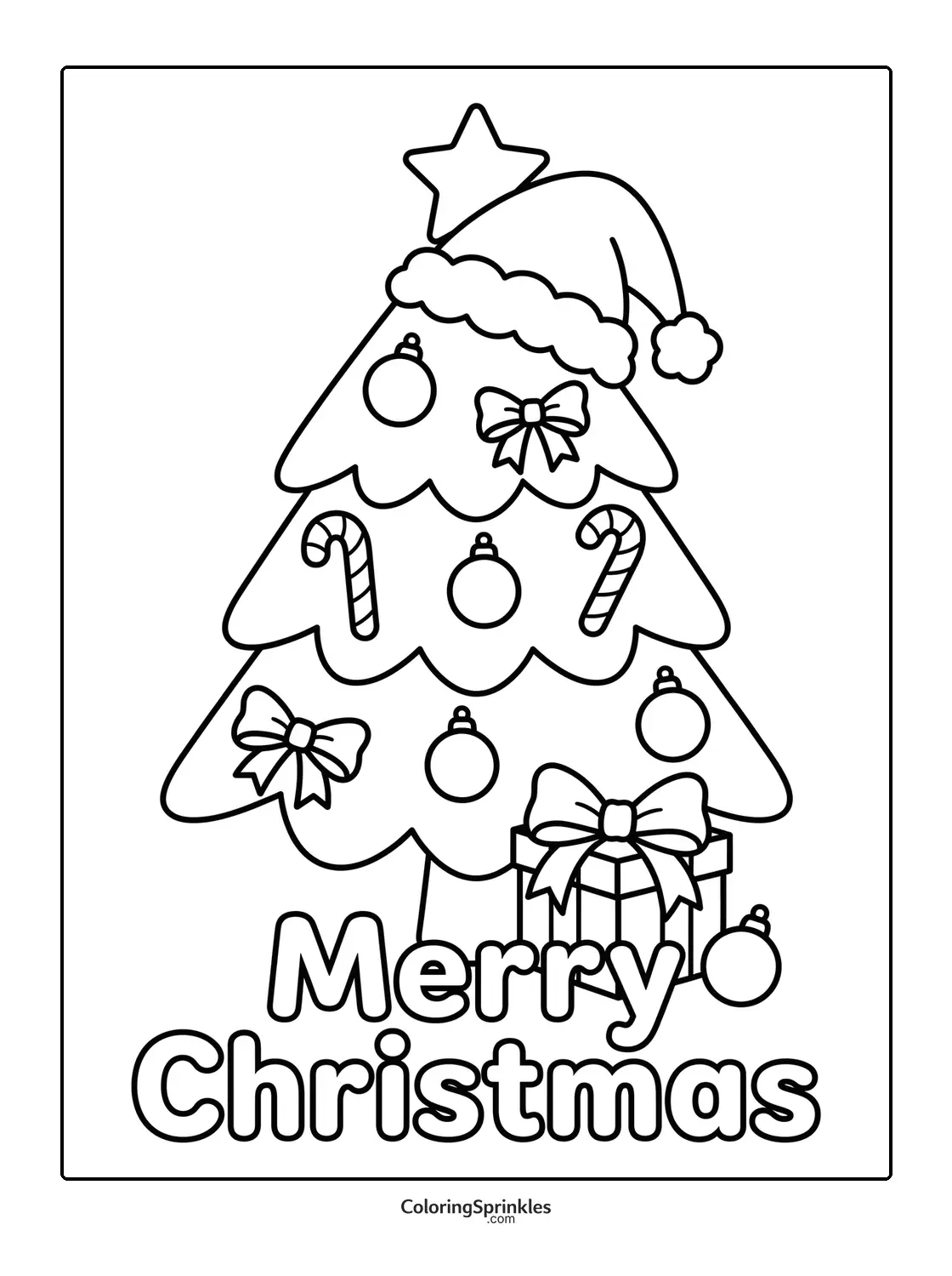Coloring page of a Christmas tree with a Santa hat, candy canes, ornaments, bows, and a gift