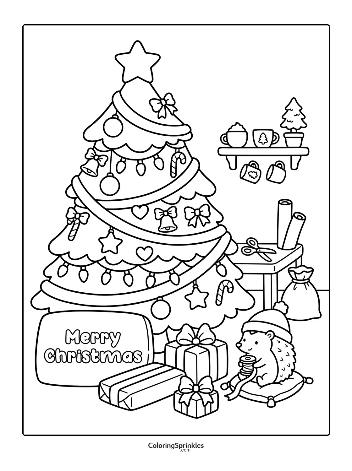 Coloring page of a decorated Christmas tree with a hedgehog and gifts