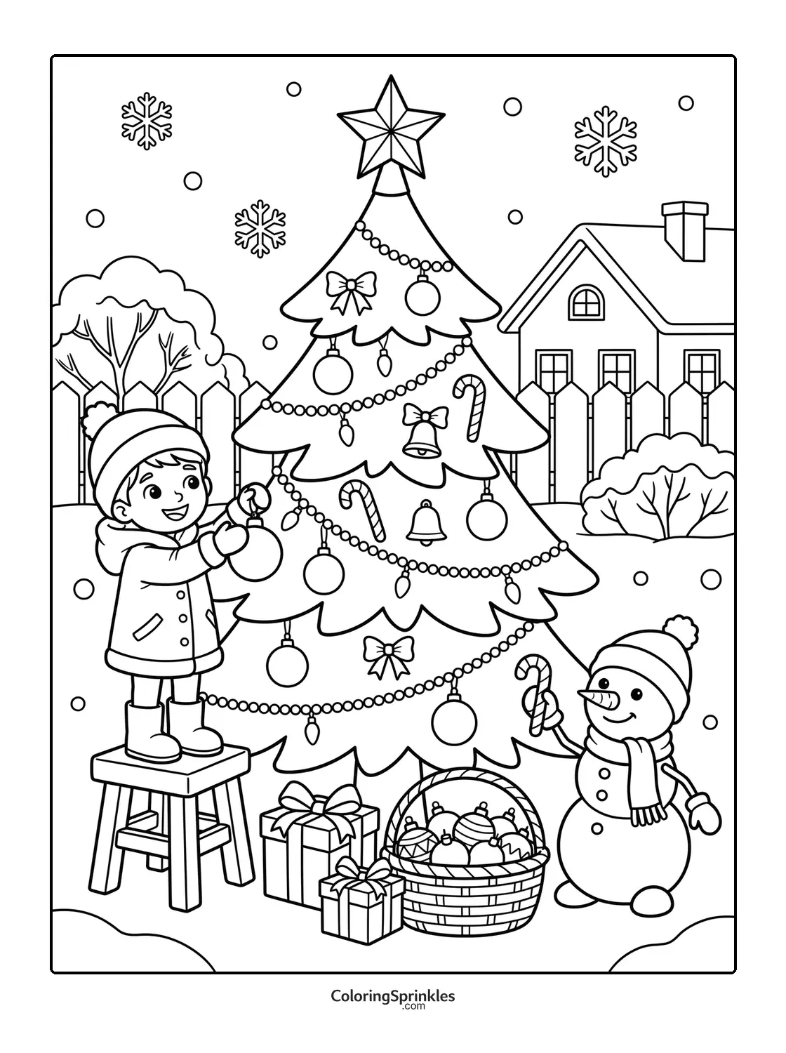 Coloring page of a kid and snowman decorating a Christmas tree with gifts
