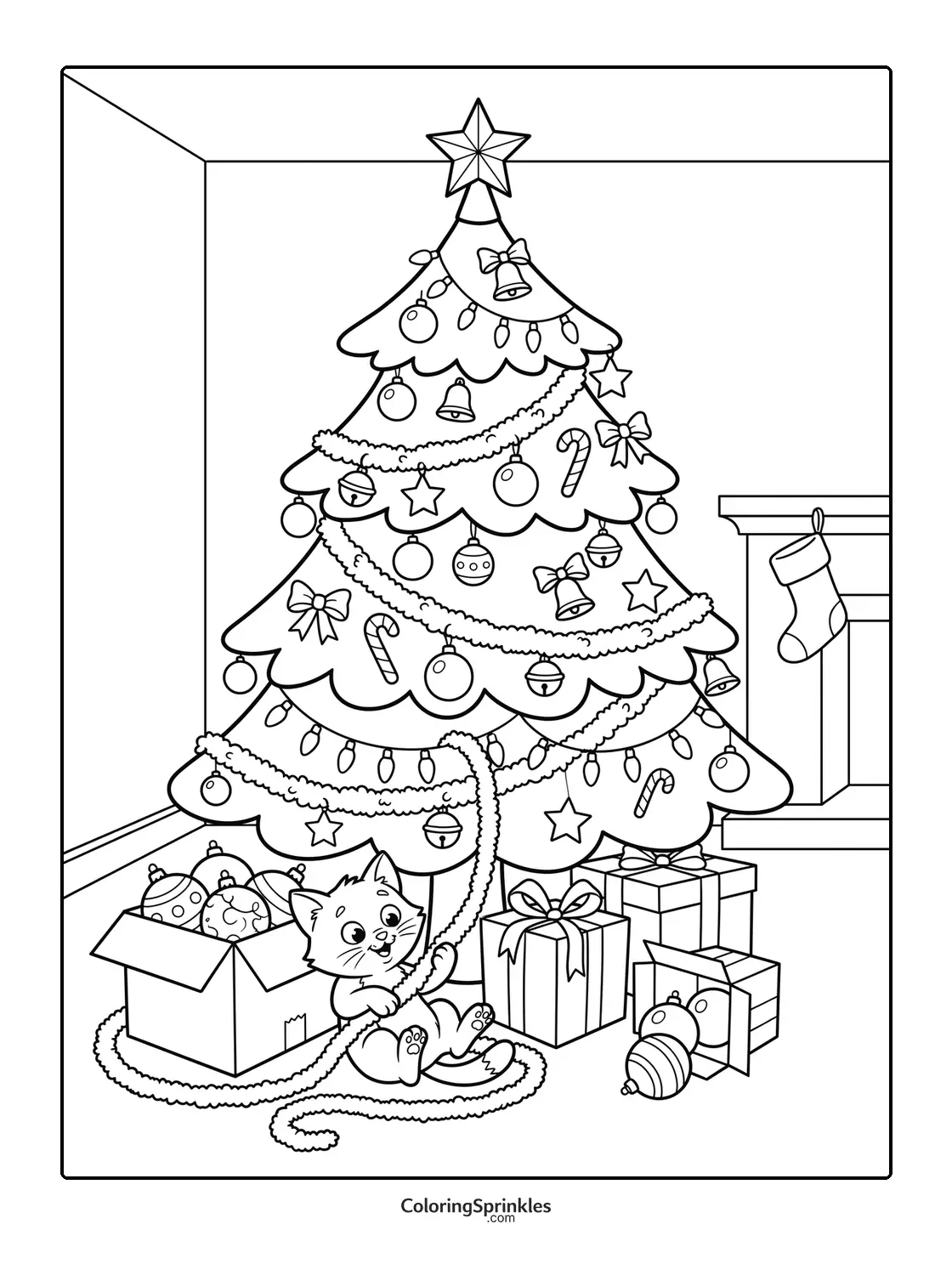 Coloring page of a Christmas tree decorated with ornaments and a kitten playing with garland