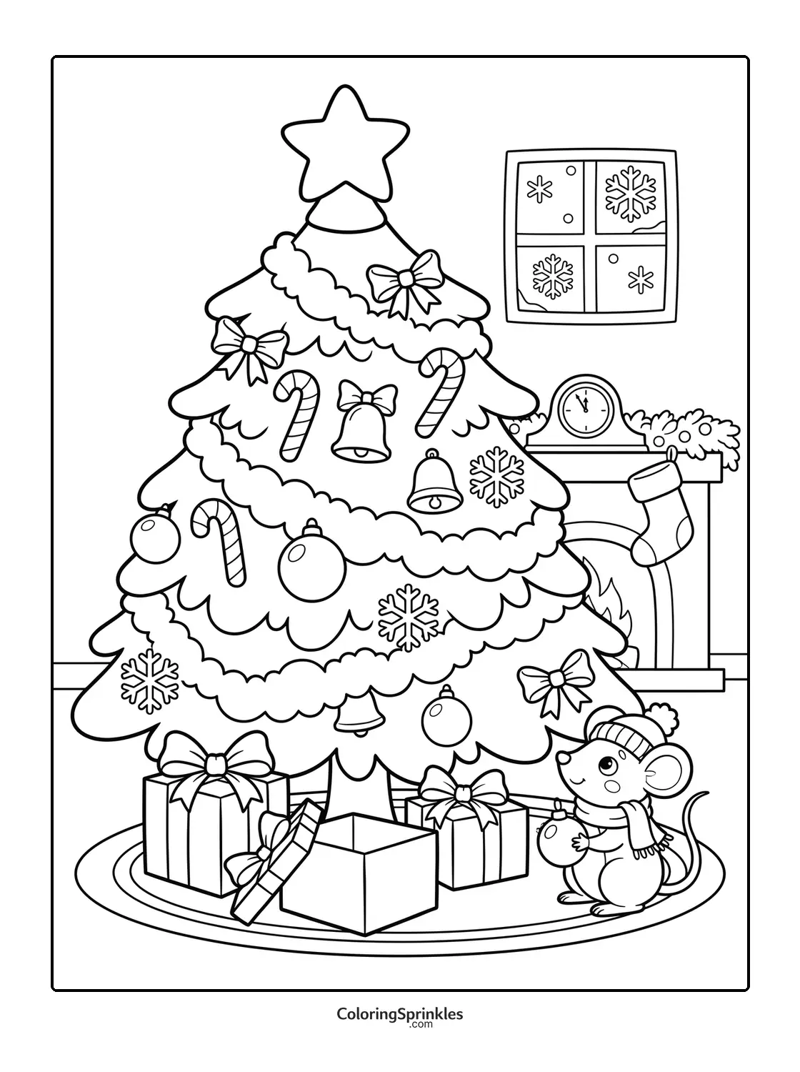 Coloring page of a Christmas tree with a mouse holding an ornament near gifts and a fireplace