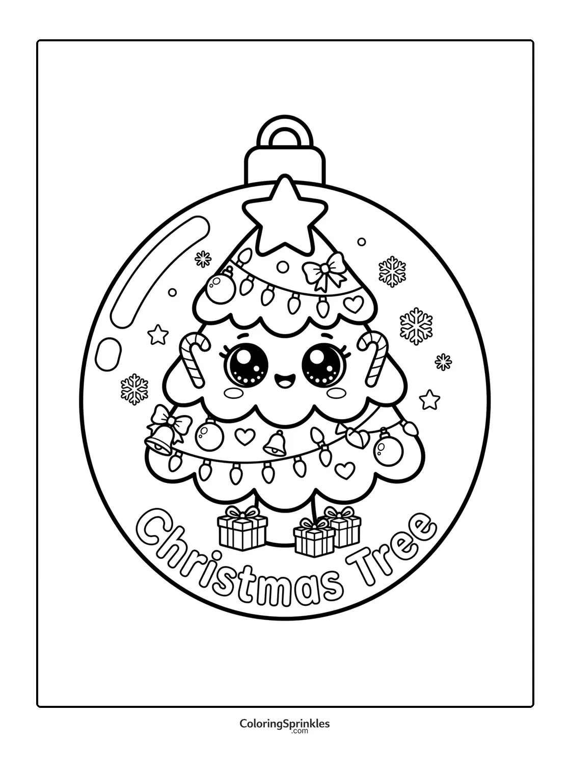 Coloring page of a cute Christmas tree inside an ornament with gifts and candy canes