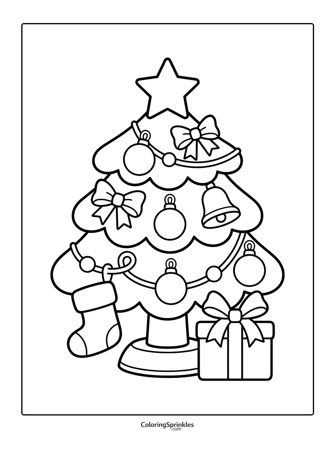 Coloring page of a decorated Christmas tree with ornaments, bows, a stocking, and a gift