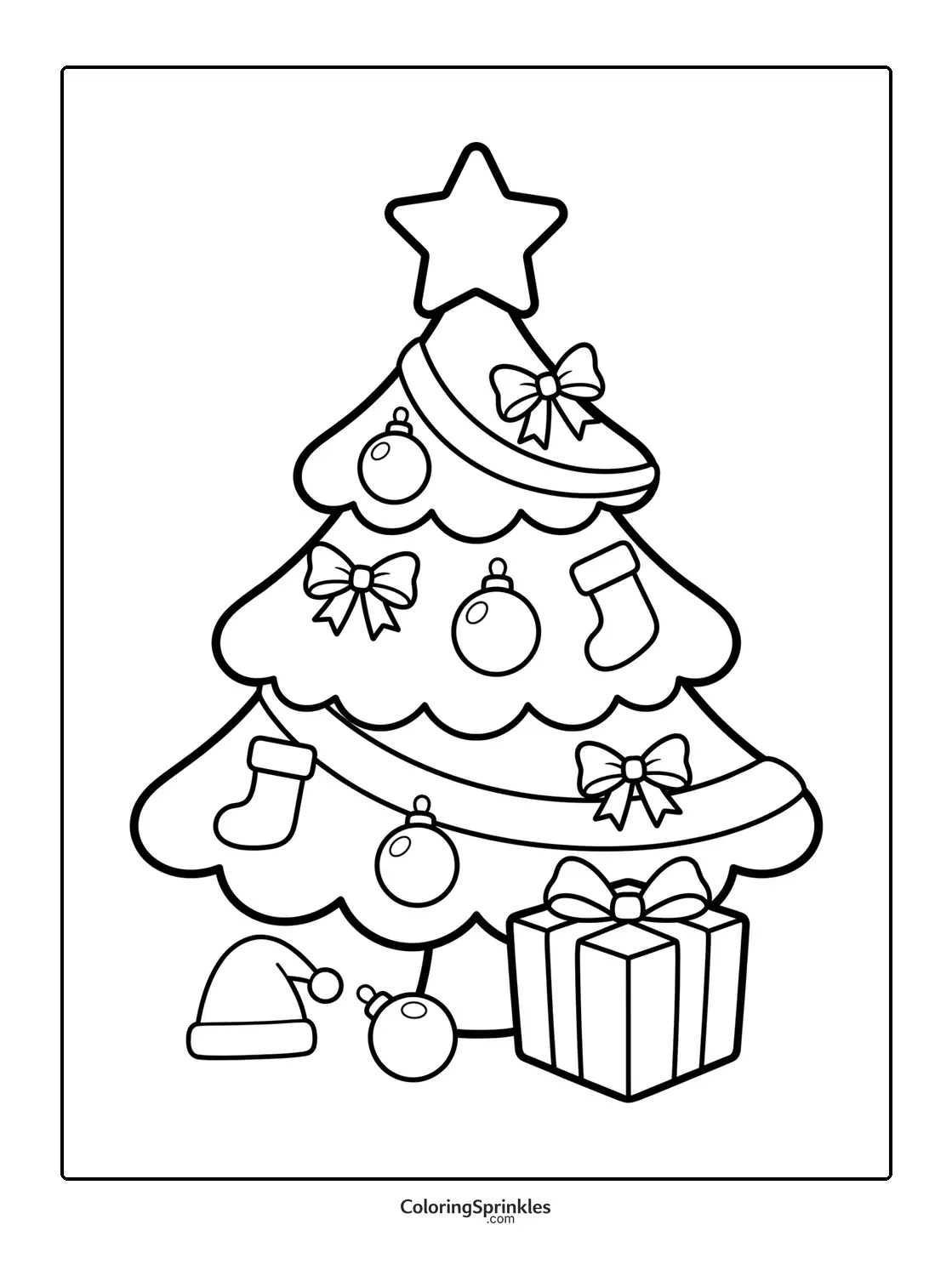 Coloring page of a decorated Christmas tree with ornaments, bows, a gift, and a Santa hat