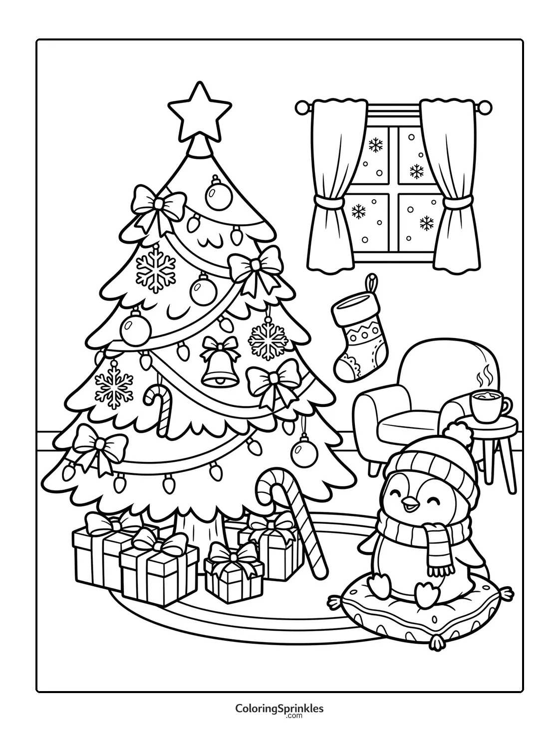Coloring page of a Christmas tree with gifts and a penguin by a winter window