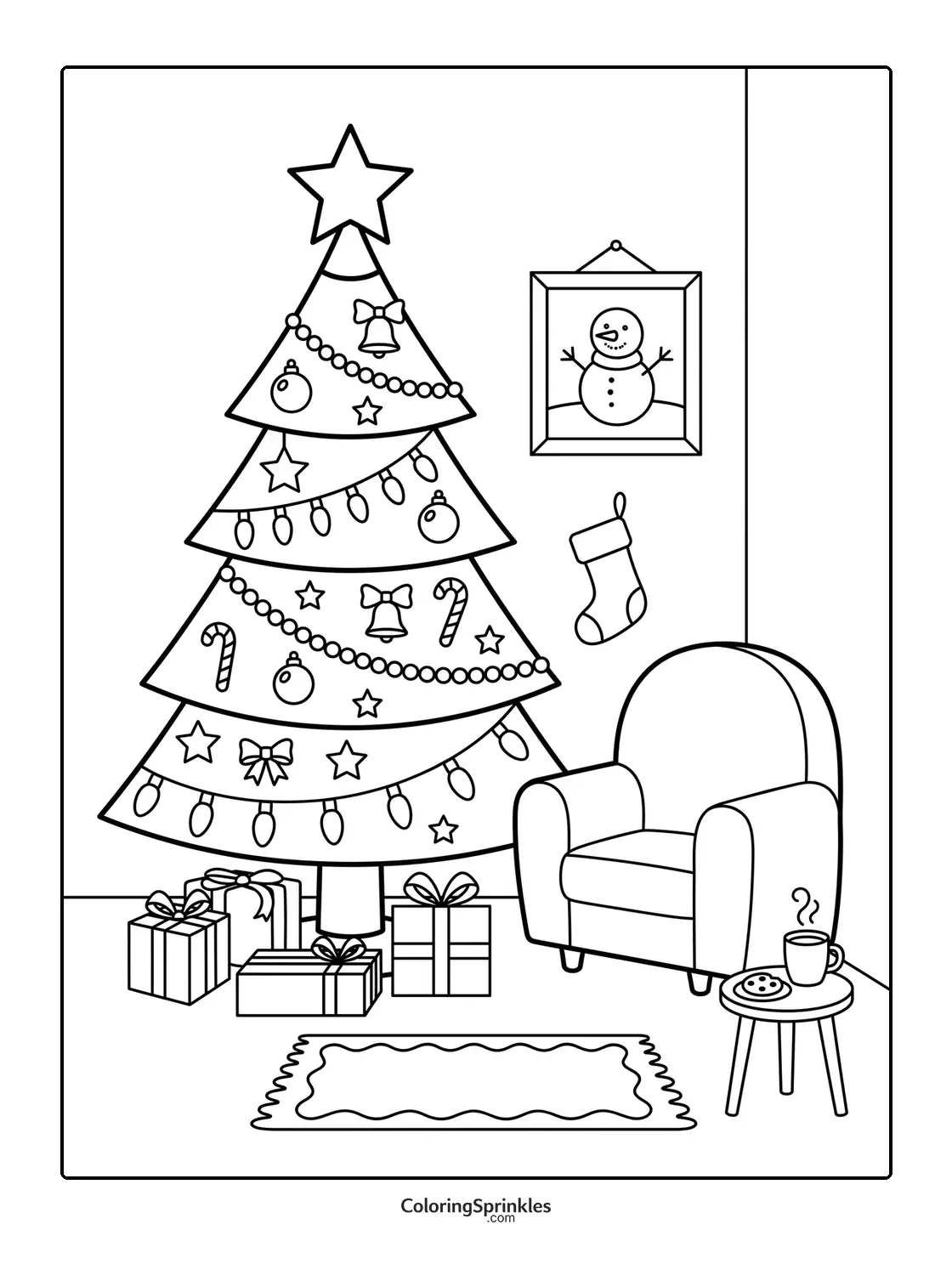 Coloring page of a decorated Christmas tree with presents and a cozy armchair in a room